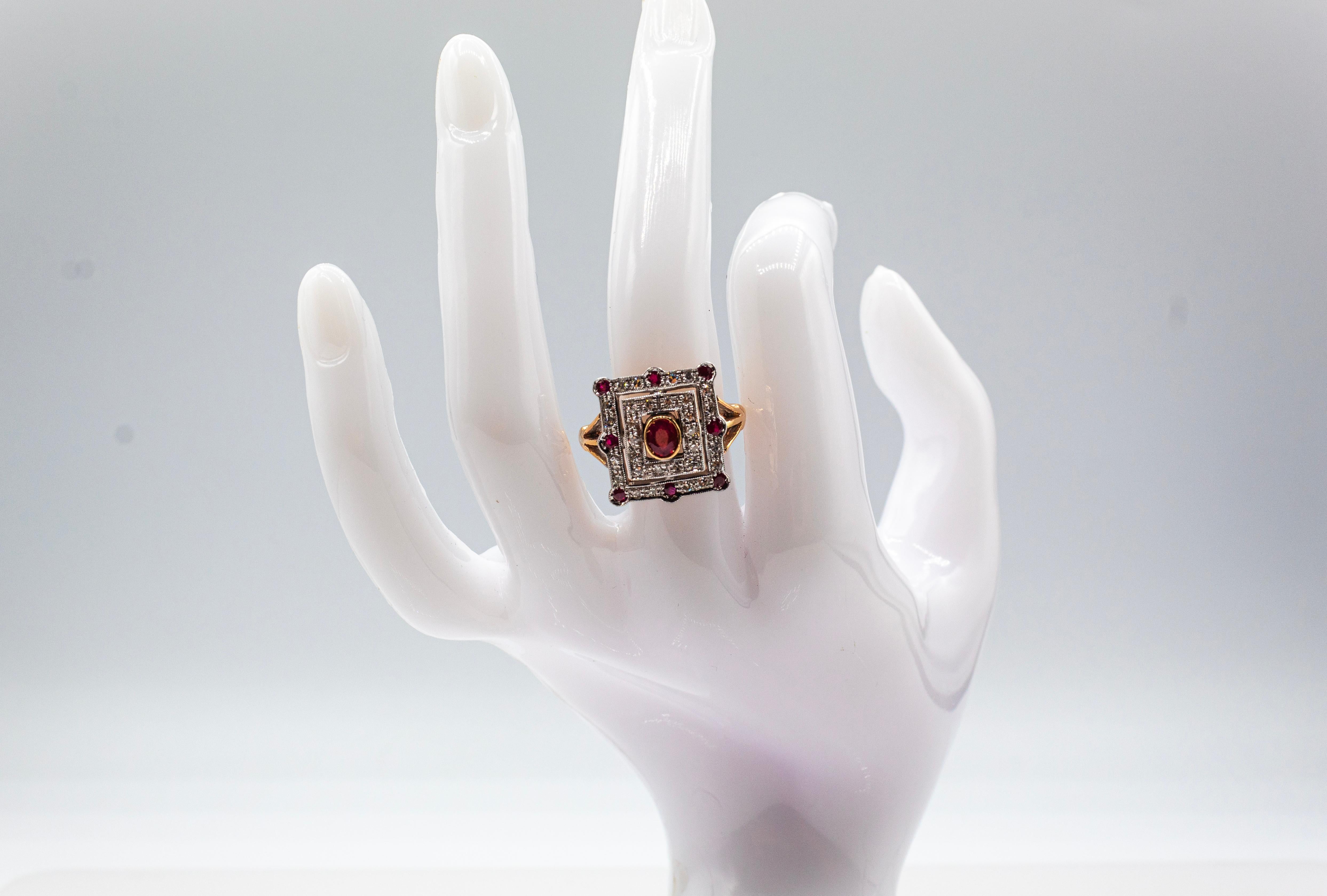 Art Deco Style White Modern Round Cut Diamond Ruby Yellow Gold Cocktail Ring For Sale 8