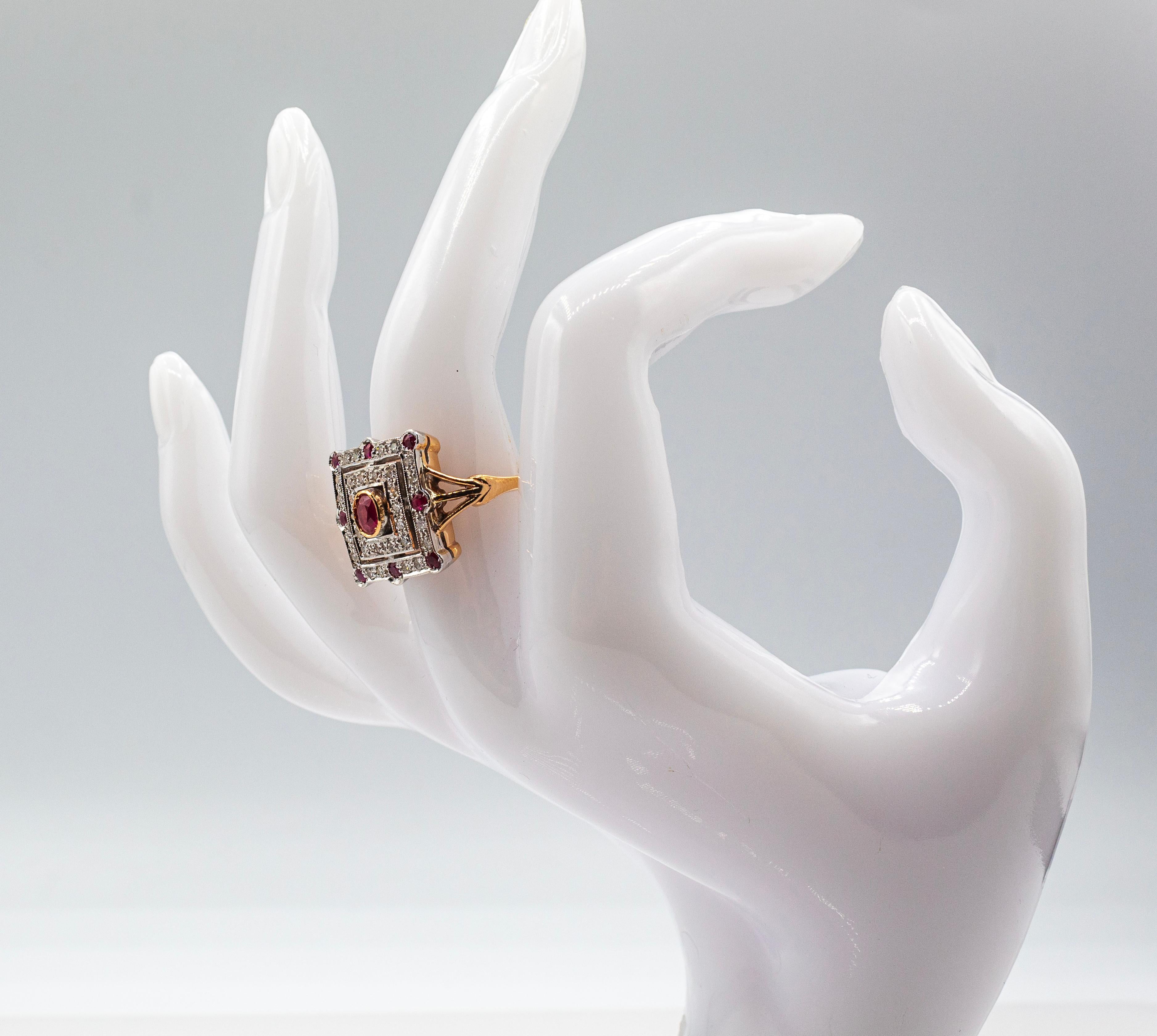 Art Deco Style White Modern Round Cut Diamond Ruby Yellow Gold Cocktail Ring For Sale 9