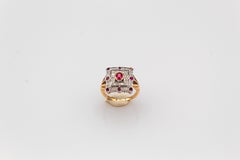 Art Deco Style White Modern Round Cut Diamond Ruby Yellow Gold Cocktail Ring