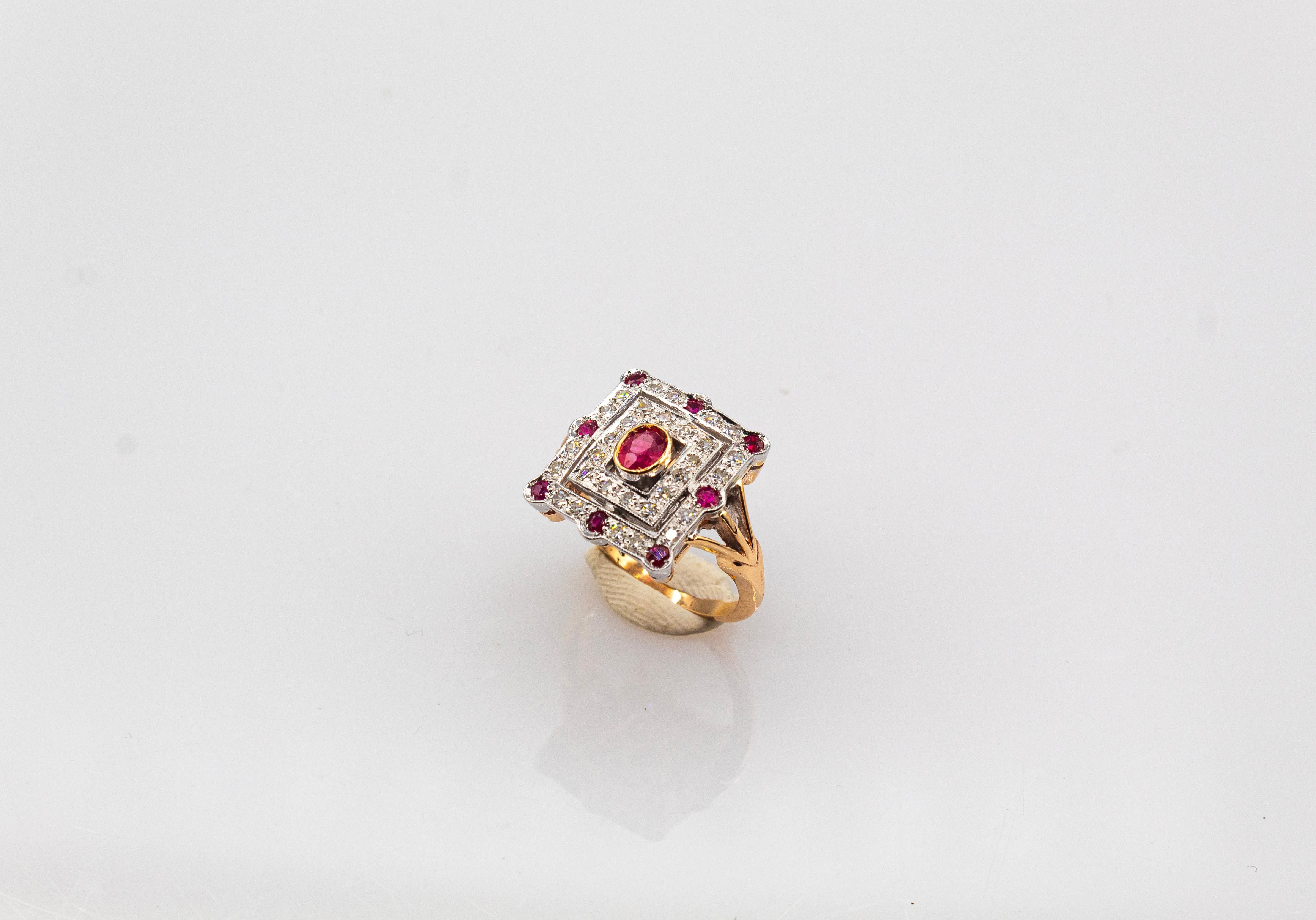 Art Deco Style White Modern Round Cut Diamond Ruby Yellow Gold Cocktail Ring In New Condition For Sale In Naples, IT