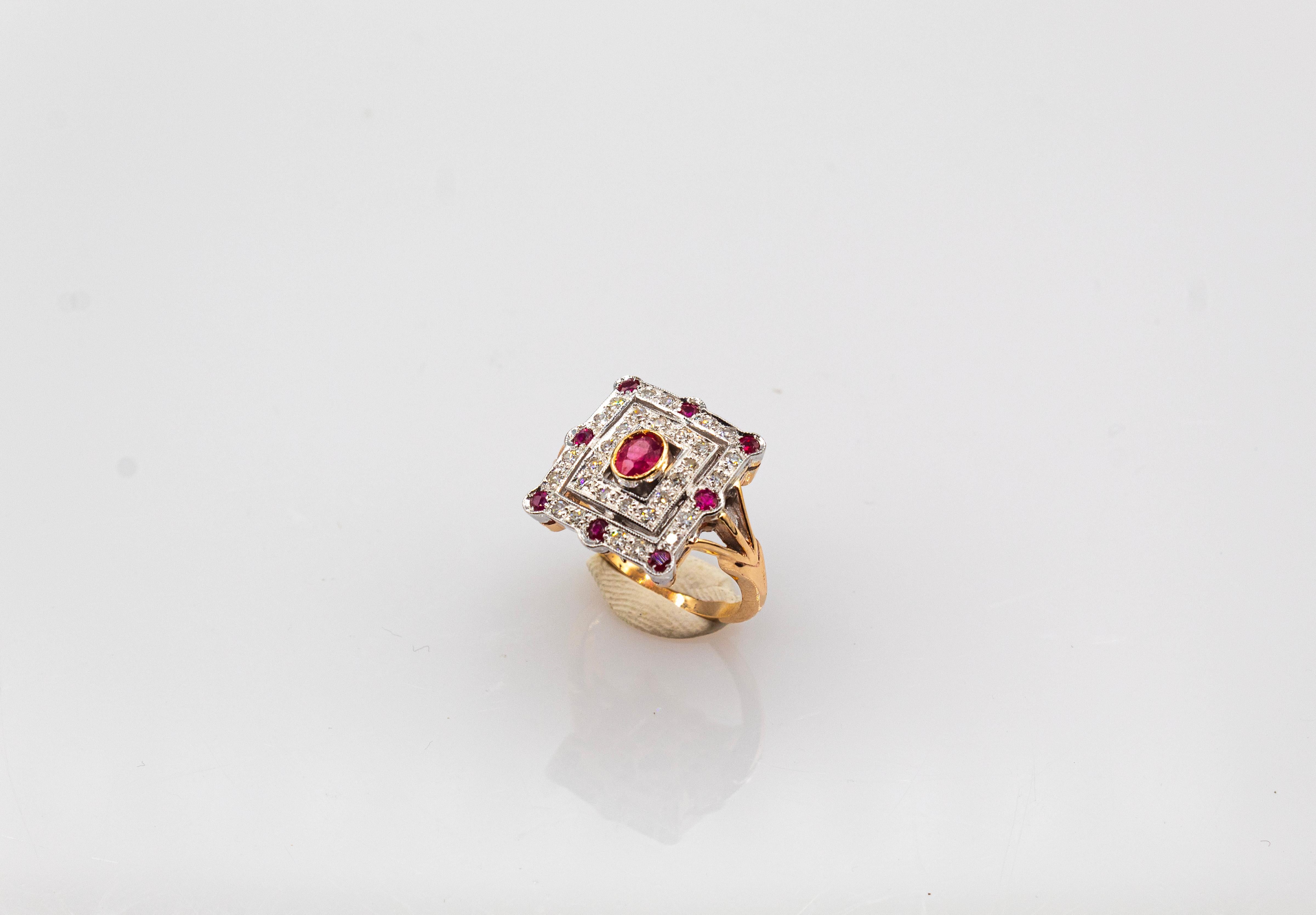 Women's or Men's Art Deco Style White Modern Round Cut Diamond Ruby Yellow Gold Cocktail Ring For Sale