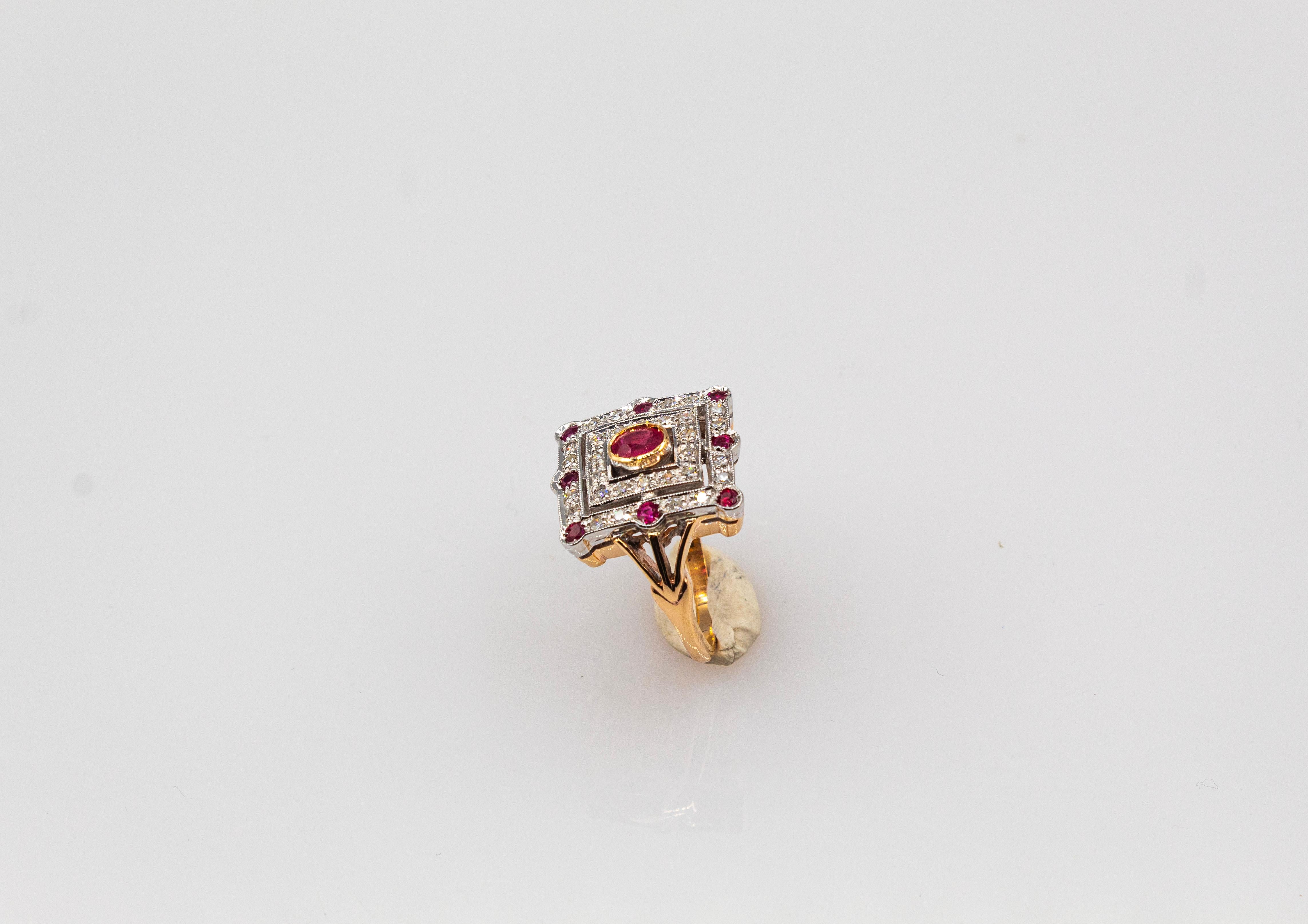 Art Deco Style White Modern Round Cut Diamond Ruby Yellow Gold Cocktail Ring For Sale 1