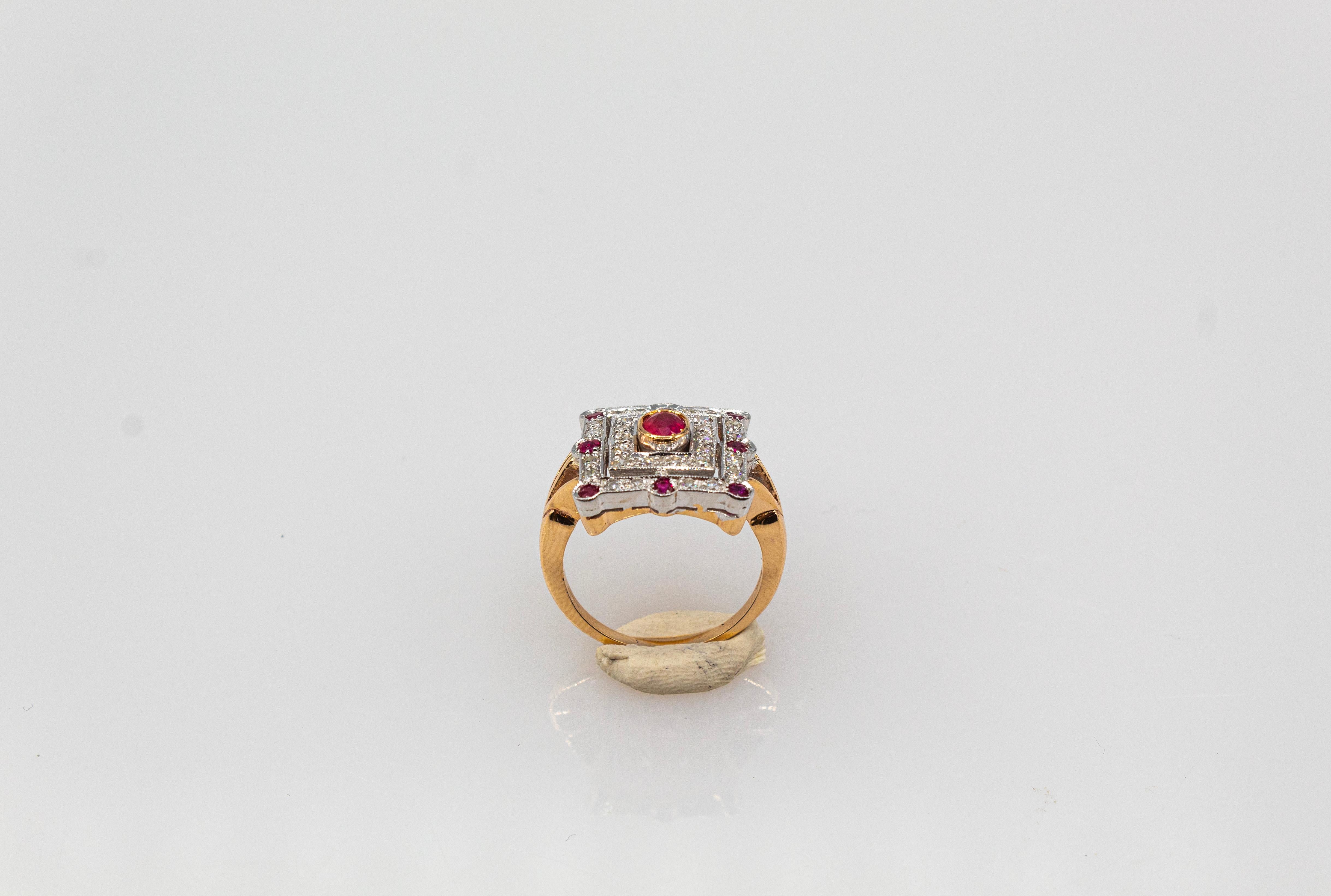 Art Deco Style White Modern Round Cut Diamond Ruby Yellow Gold Cocktail Ring For Sale 2