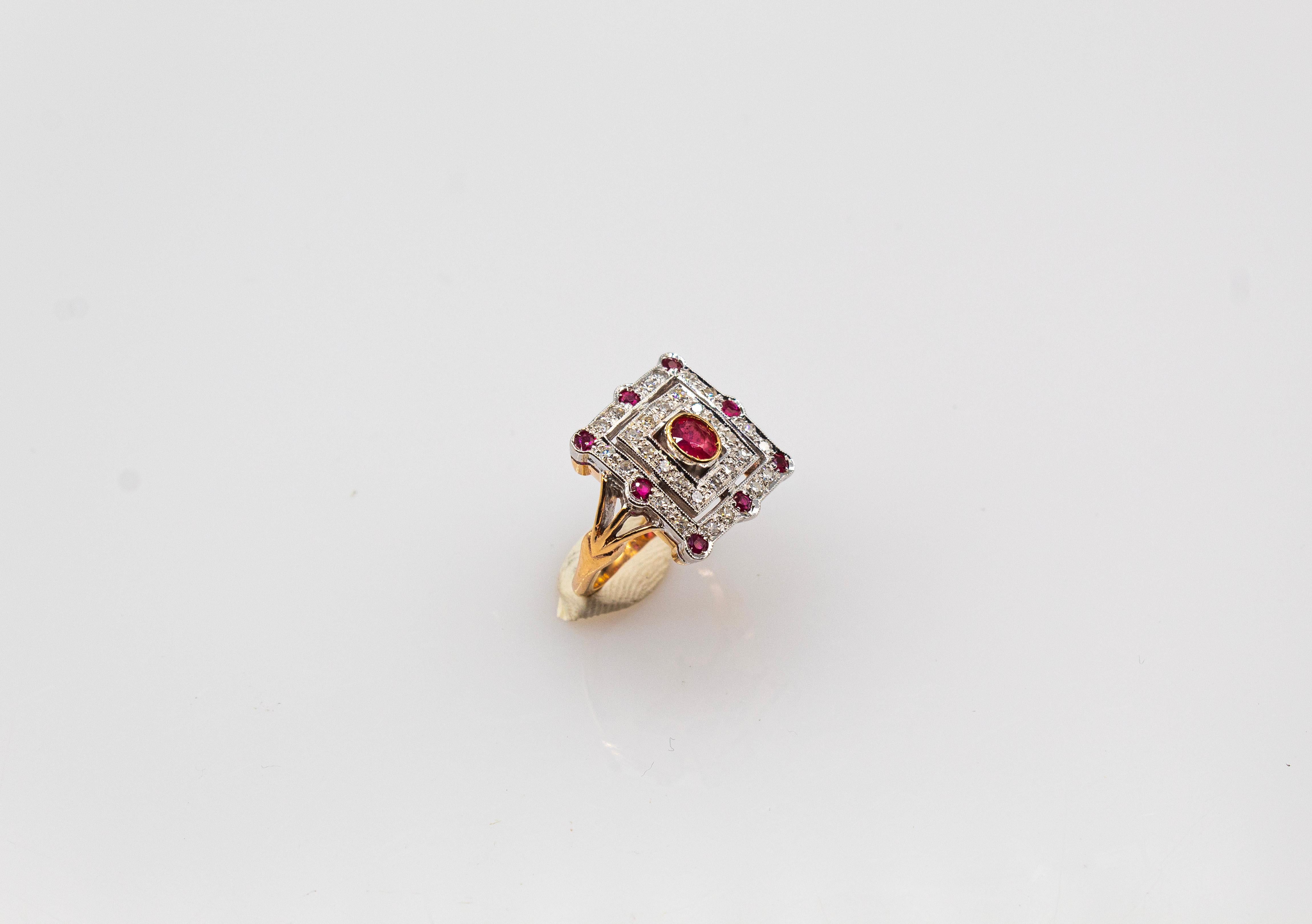 Art Deco Style White Modern Round Cut Diamond Ruby Yellow Gold Cocktail Ring For Sale 3