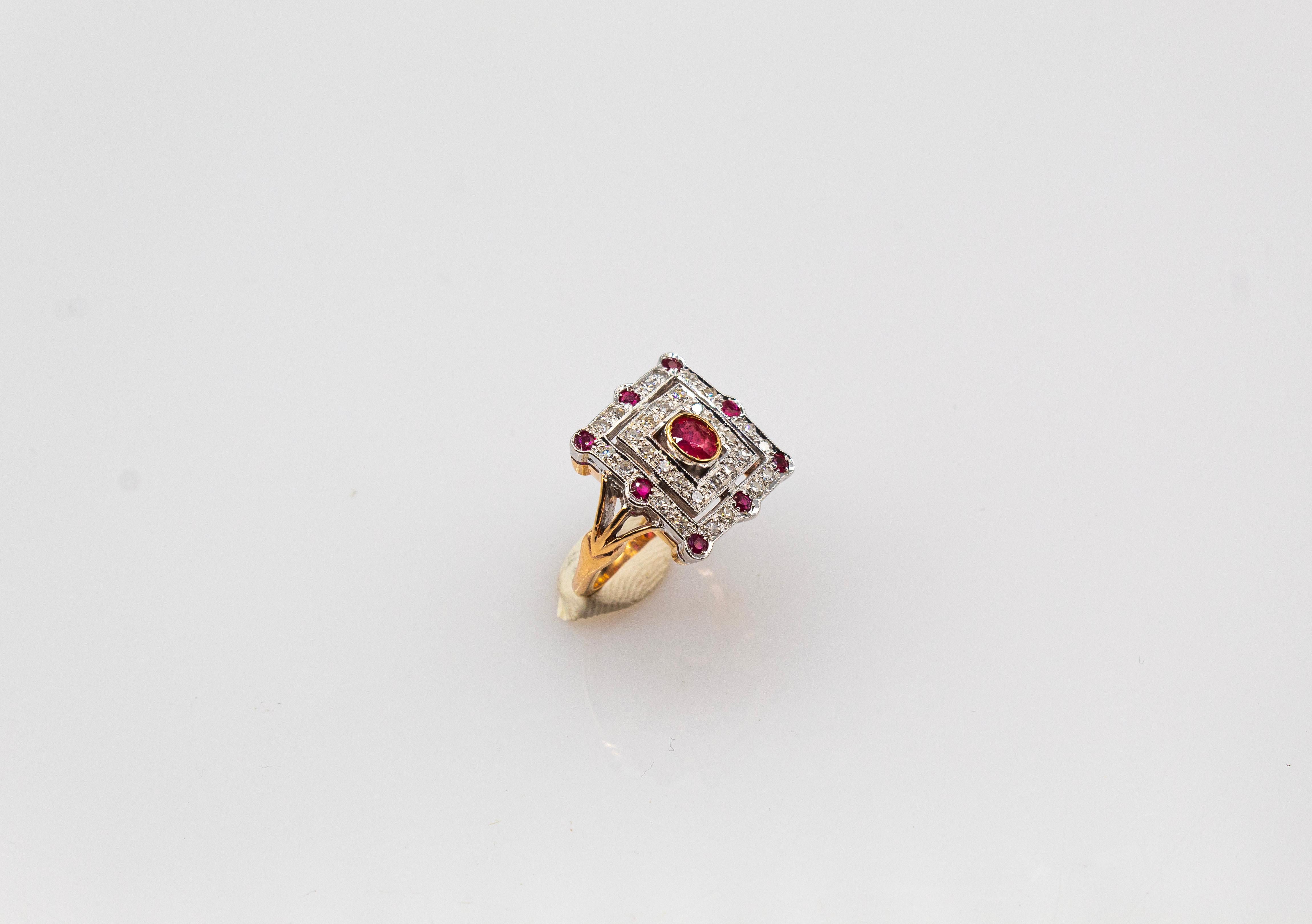 Art Deco Style White Modern Round Cut Diamond Ruby Yellow Gold Cocktail Ring For Sale 3