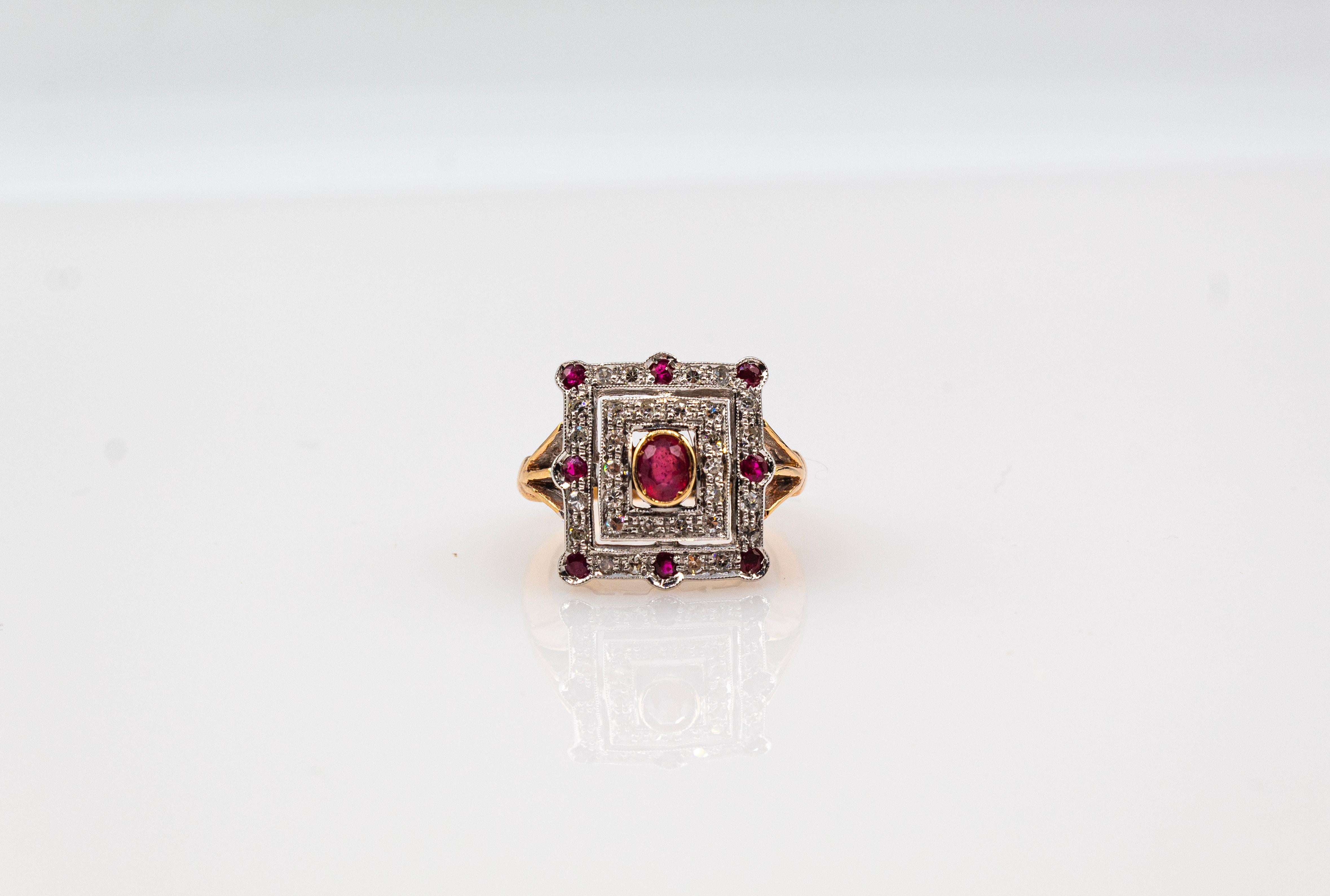 Art Deco Style White Modern Round Cut Diamond Ruby Yellow Gold Cocktail Ring For Sale 4