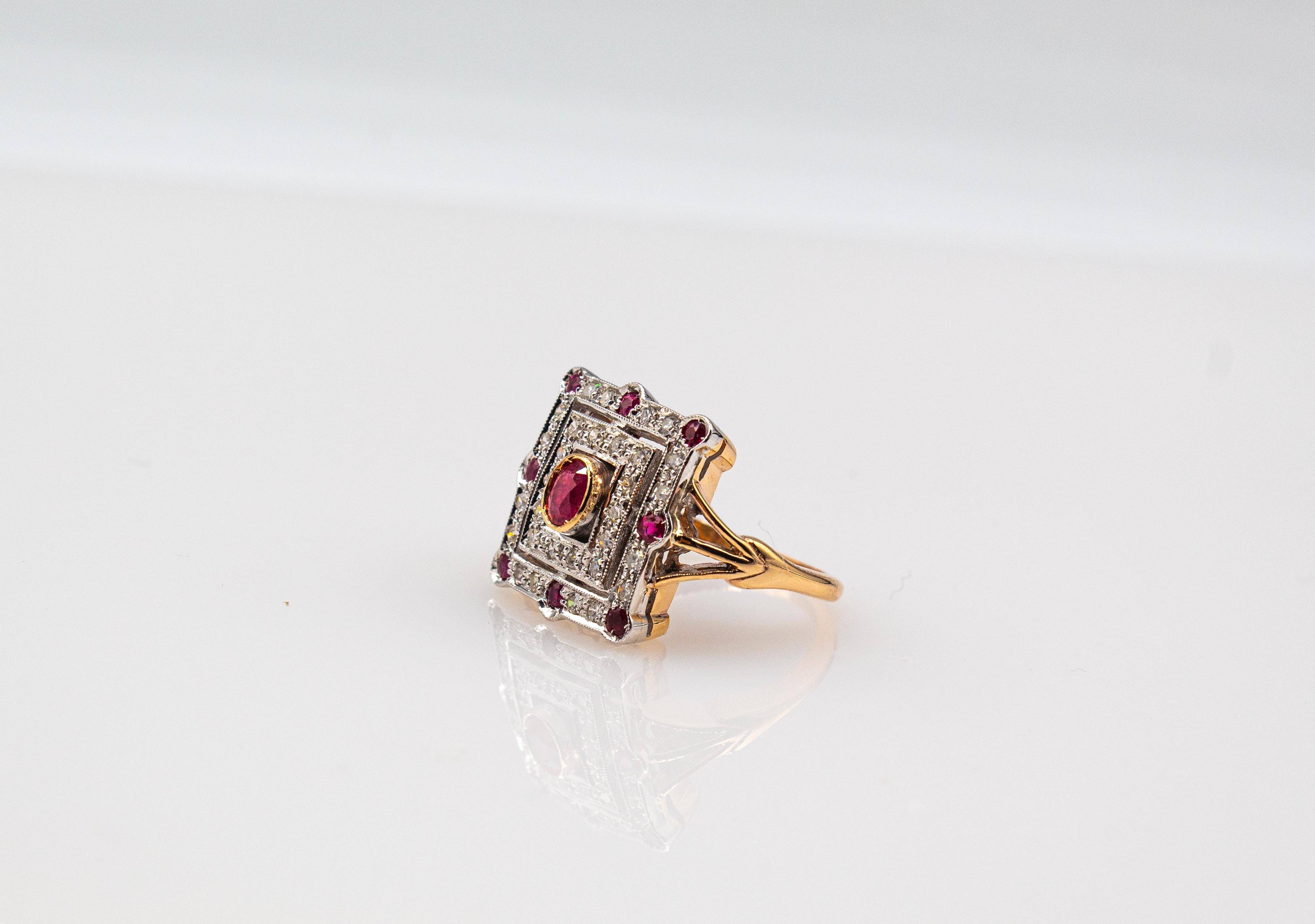 Art Deco Style White Modern Round Cut Diamond Ruby Yellow Gold Cocktail Ring For Sale 5