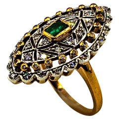 Vintage Art Deco Style White Old European Cut Diamond Emerald Yellow Gold Cocktail Ring