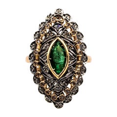 Vintage Art Deco Style White Old European Cut Diamond Emerald Yellow Gold Cocktail Ring