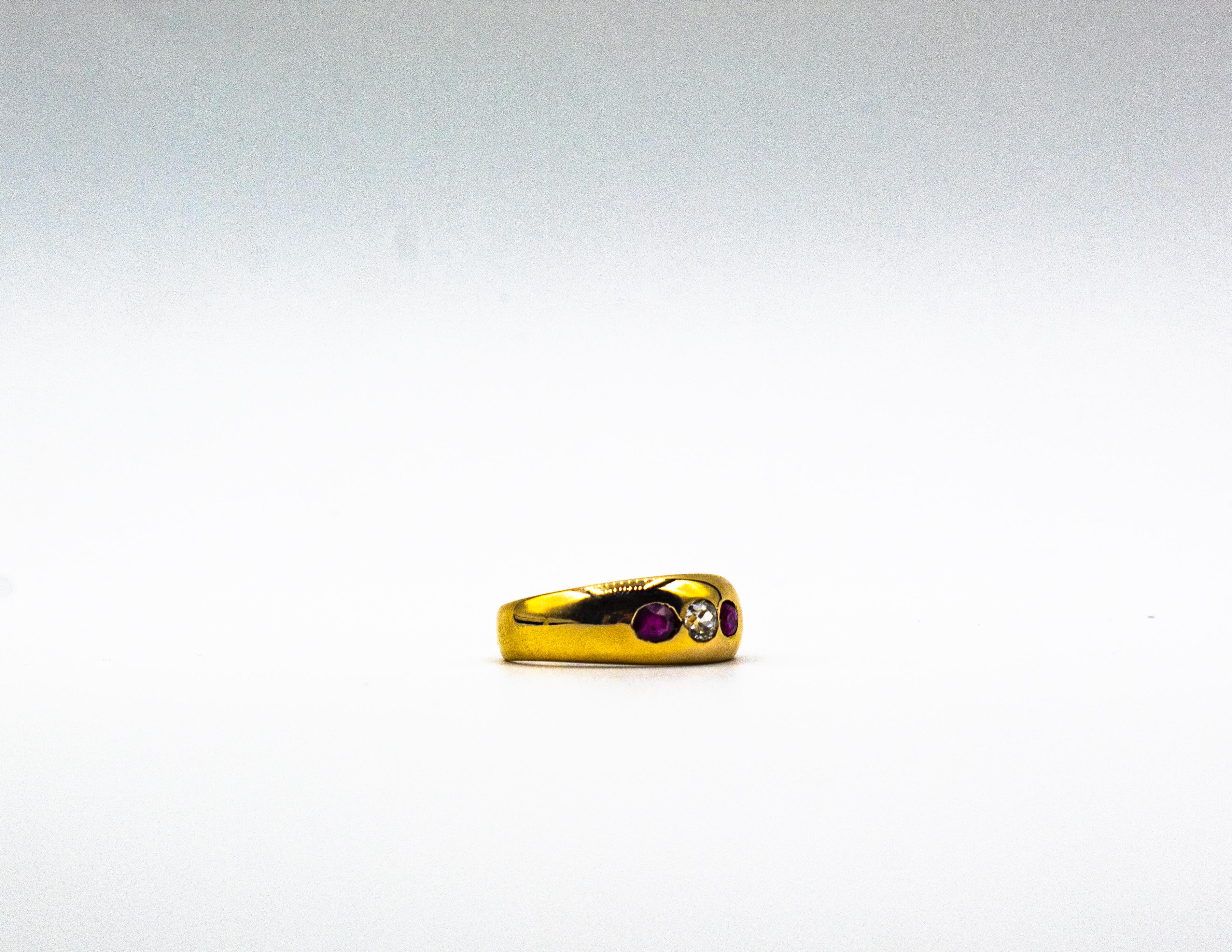 Art Deco Style White Old European Cut Diamond Ruby Yellow Gold Band Ring For Sale 6
