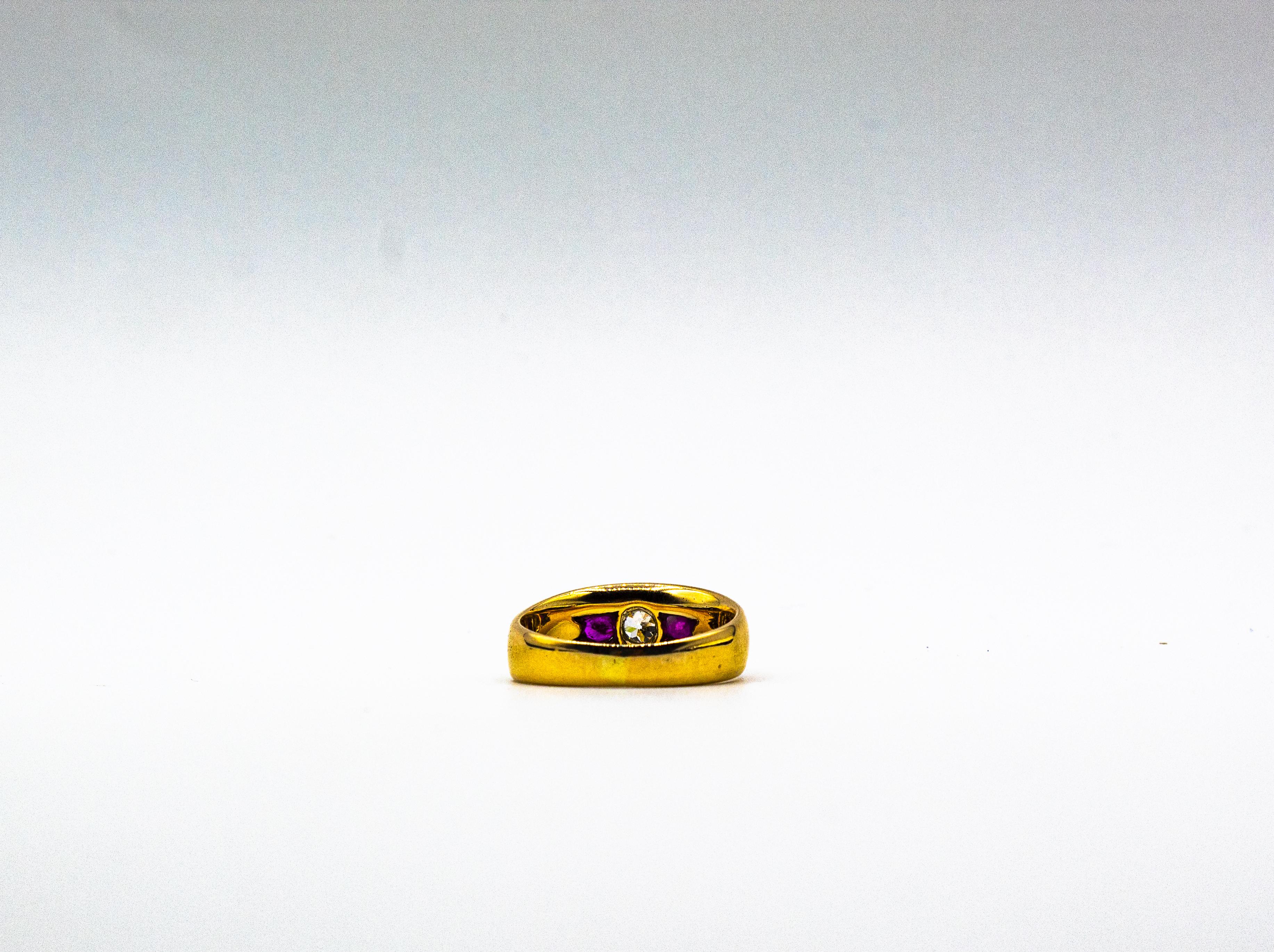 Art Deco Style White Old European Cut Diamond Ruby Yellow Gold Band Ring For Sale 7