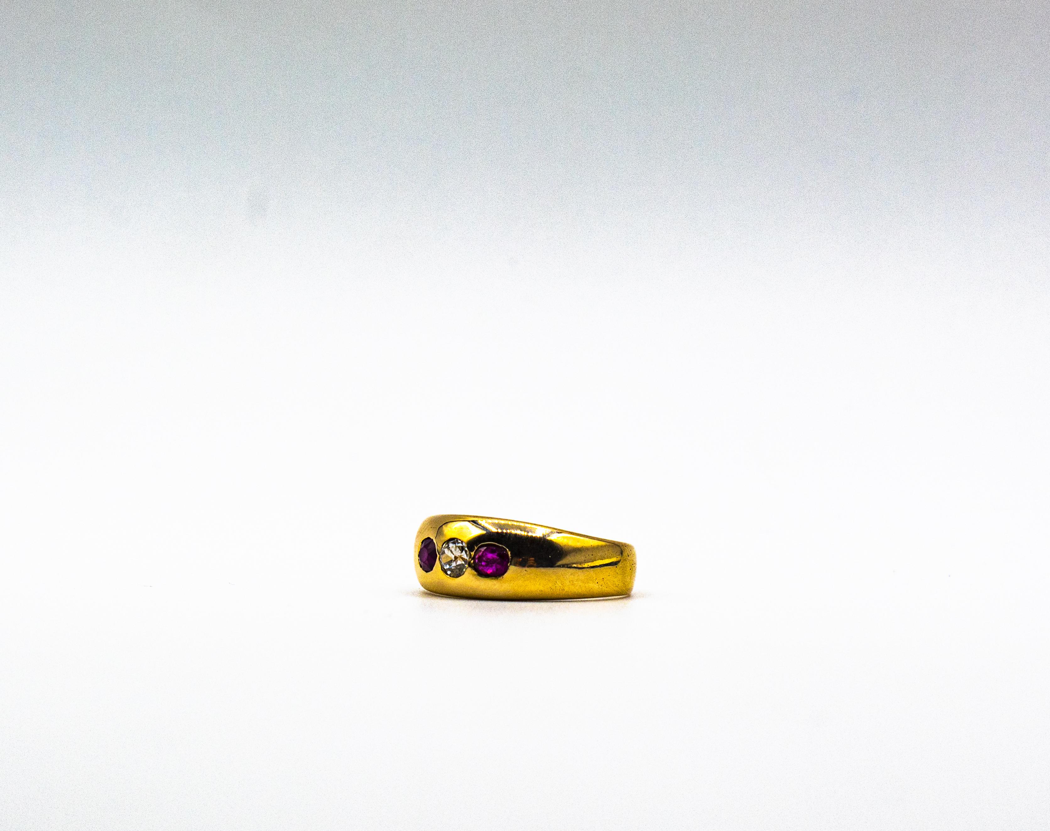 Art Deco Style White Old European Cut Diamond Ruby Yellow Gold Band Ring For Sale 8
