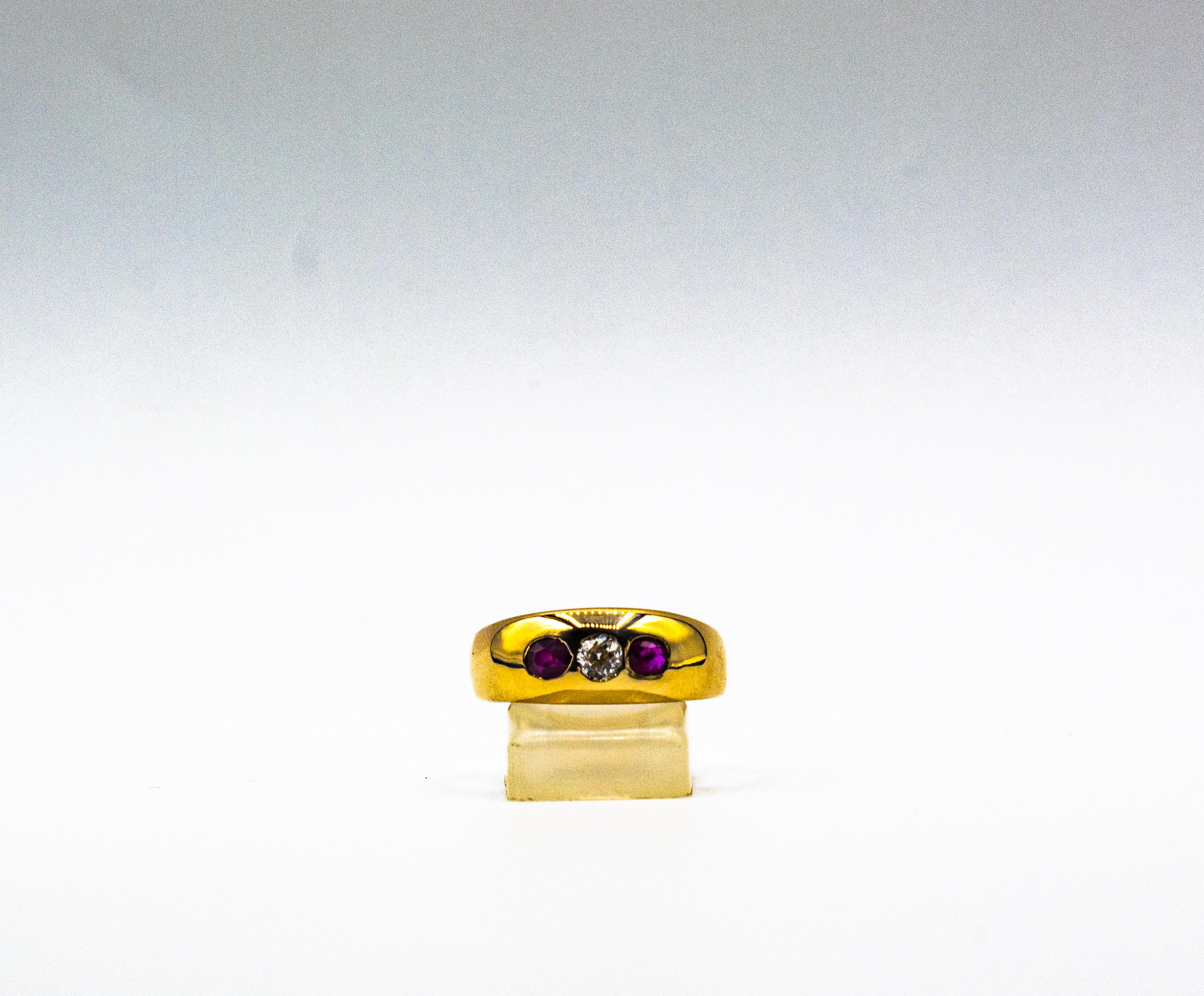 Bandring im Art-déco-Stil, weißer Diamant im alteuropäischen Schliff, Rubin, Gelbgold im Angebot 1