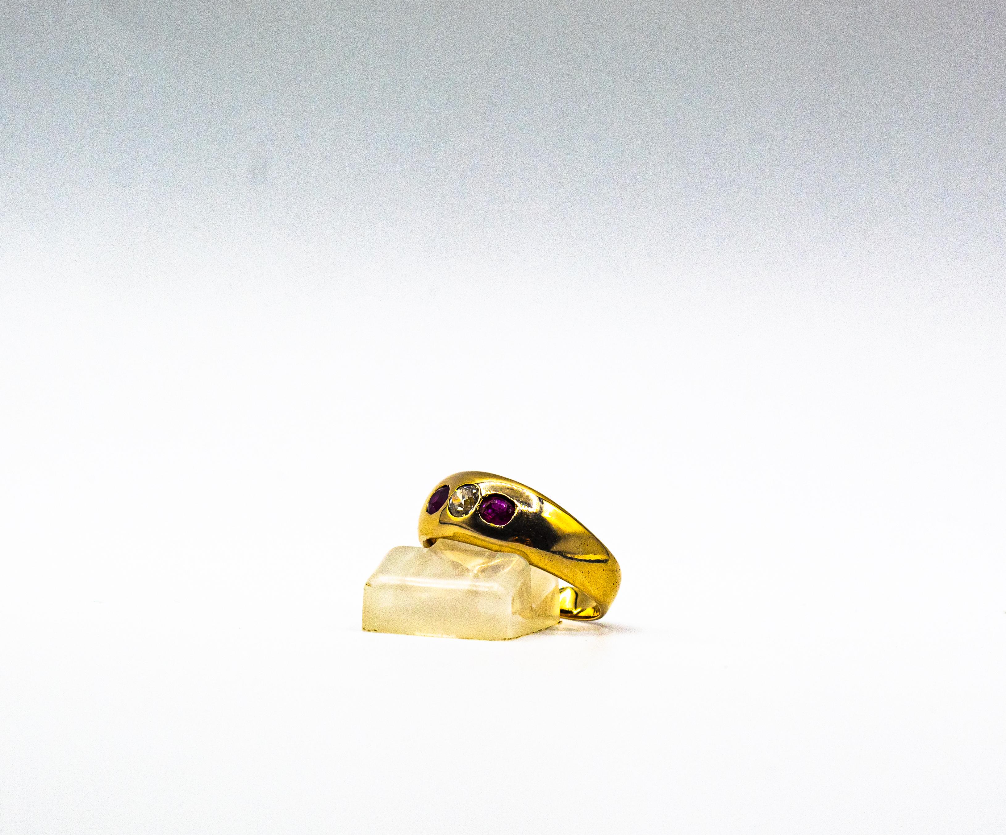 Art Deco Style White Old European Cut Diamond Ruby Yellow Gold Band Ring For Sale 4