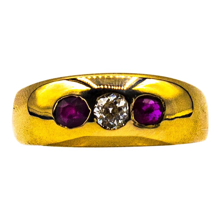 Art Deco Style White Old European Cut Diamond Ruby Yellow Gold Band Ring For Sale
