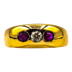 Retro Art Deco Style White Old European Cut Diamond Ruby Yellow Gold Band Ring