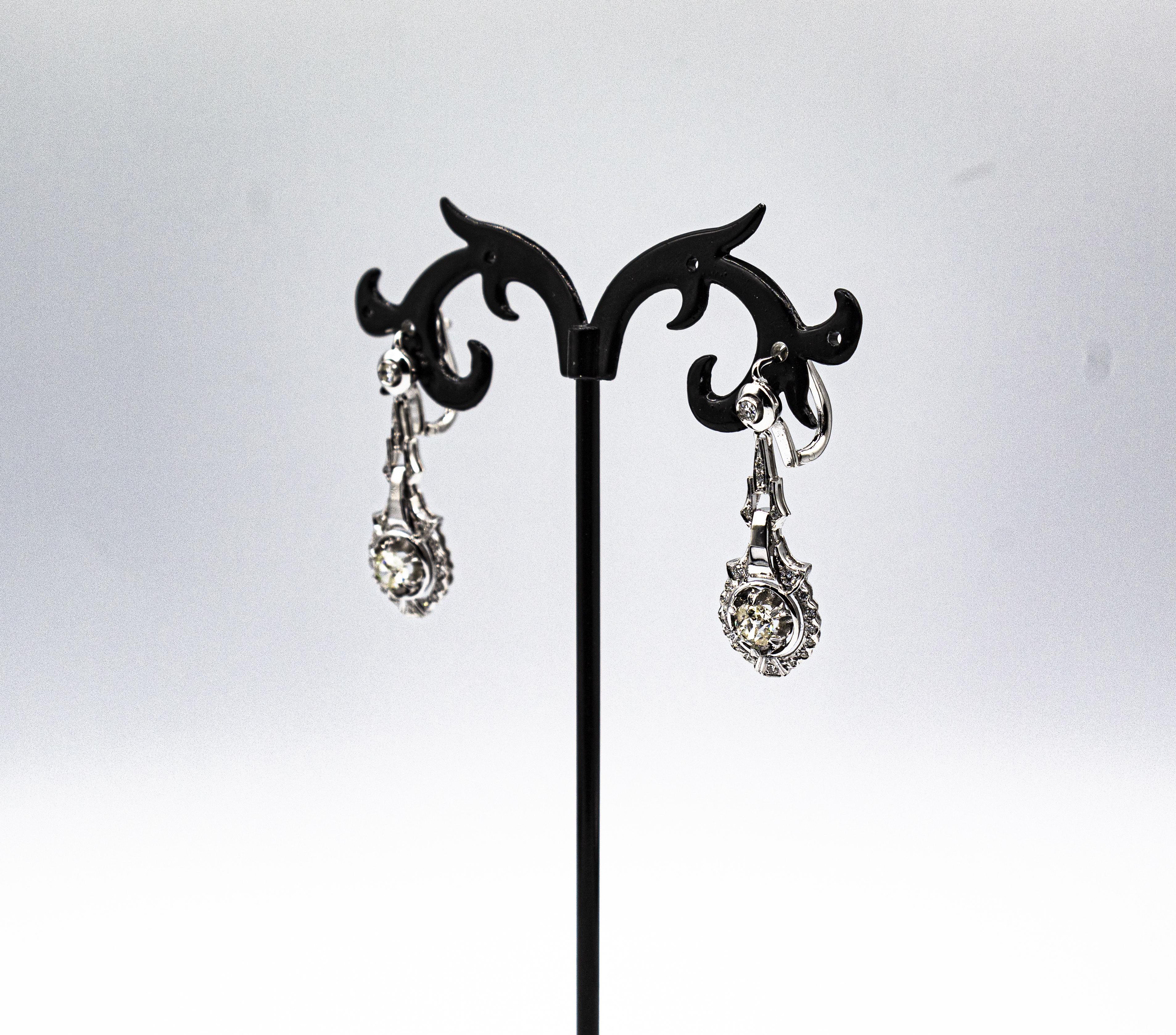 Art Deco Style White Old European Cut Diamond White Gold Lever Back Earrings For Sale 6