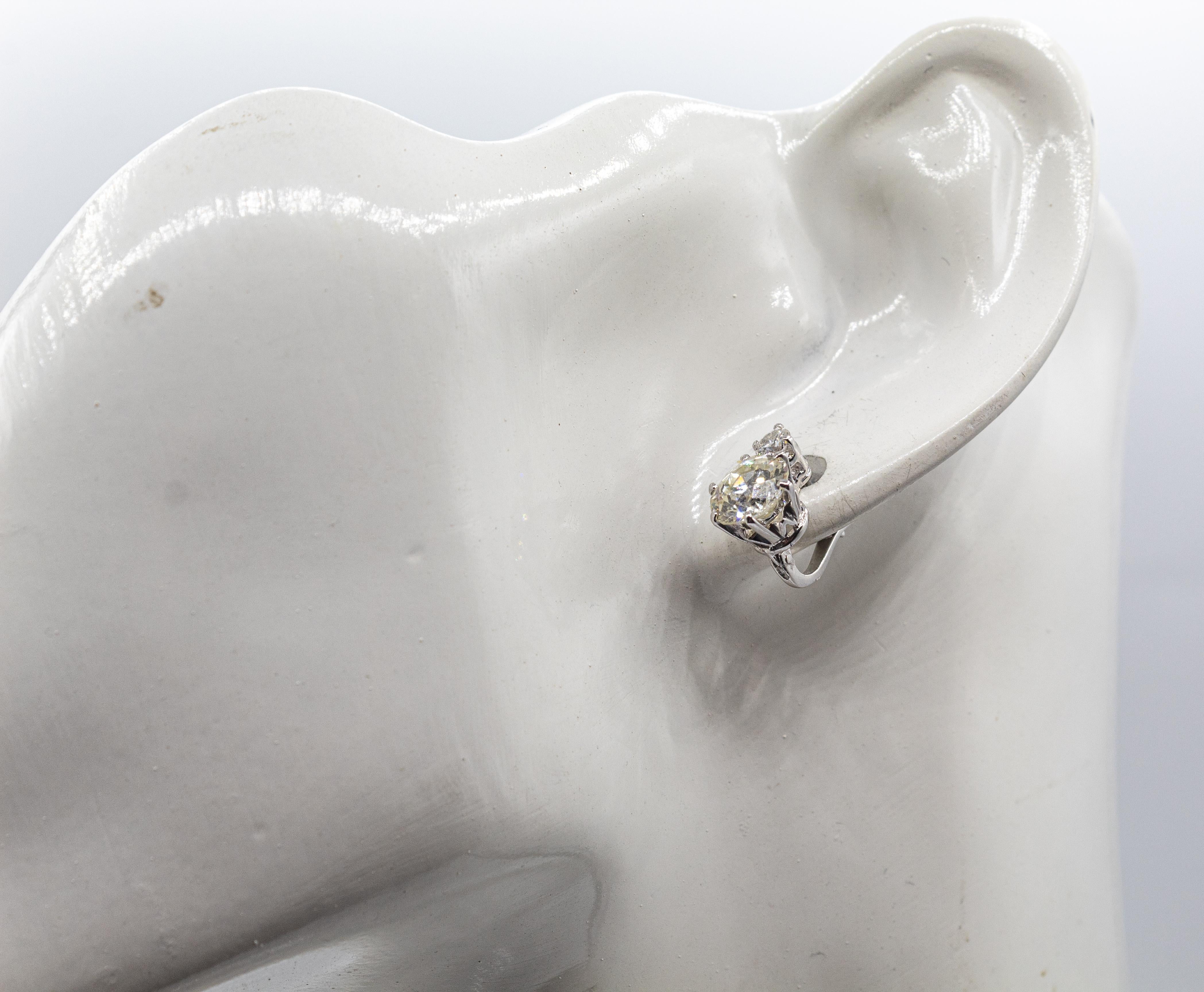 Art Deco Style White Old European Cut Diamond White Gold Lever-Back Earrings For Sale 7