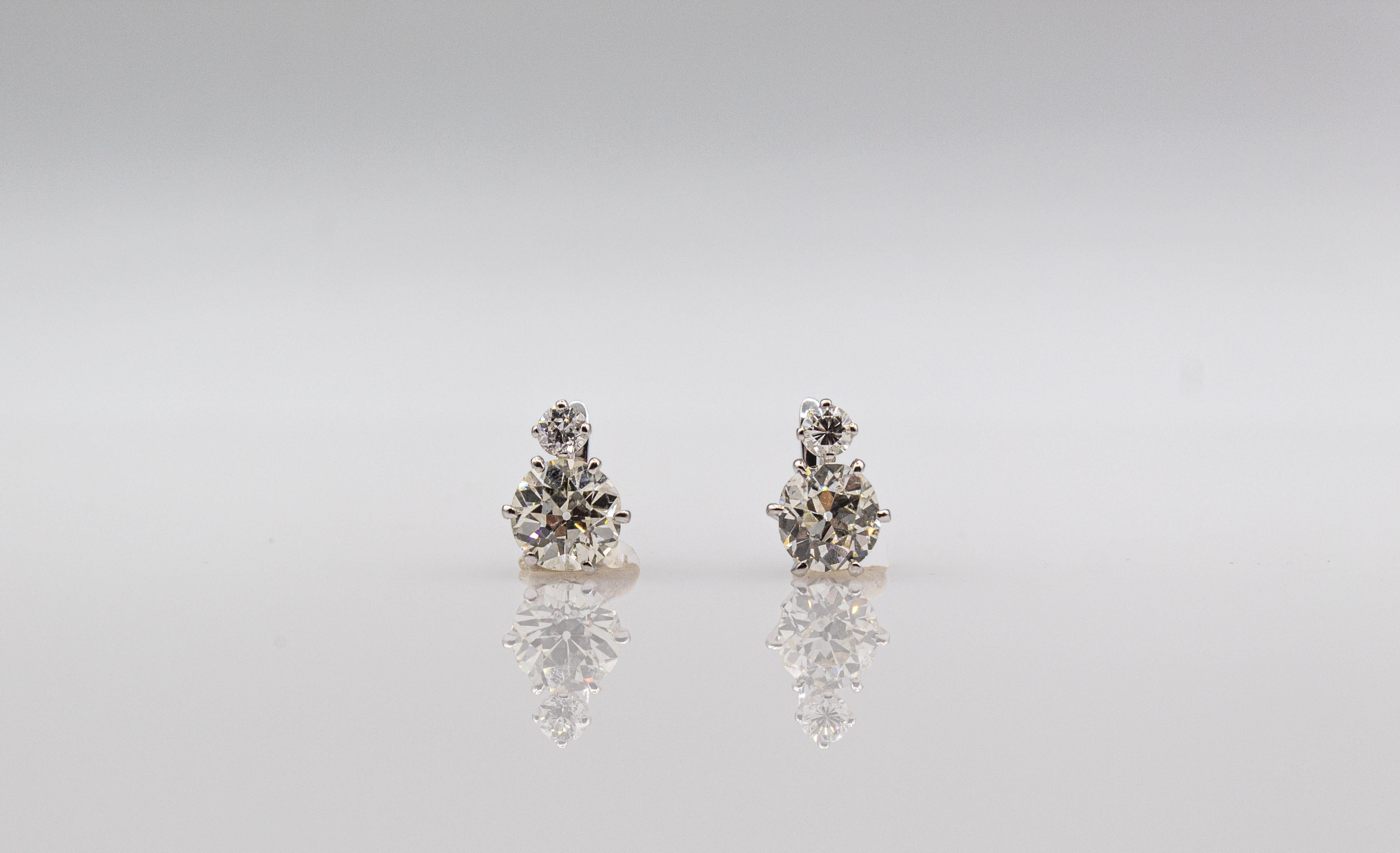 Taille brillant Boucles d'oreilles à levier de style Art déco en or blanc et diamants blancs de taille européenne ancienne en vente