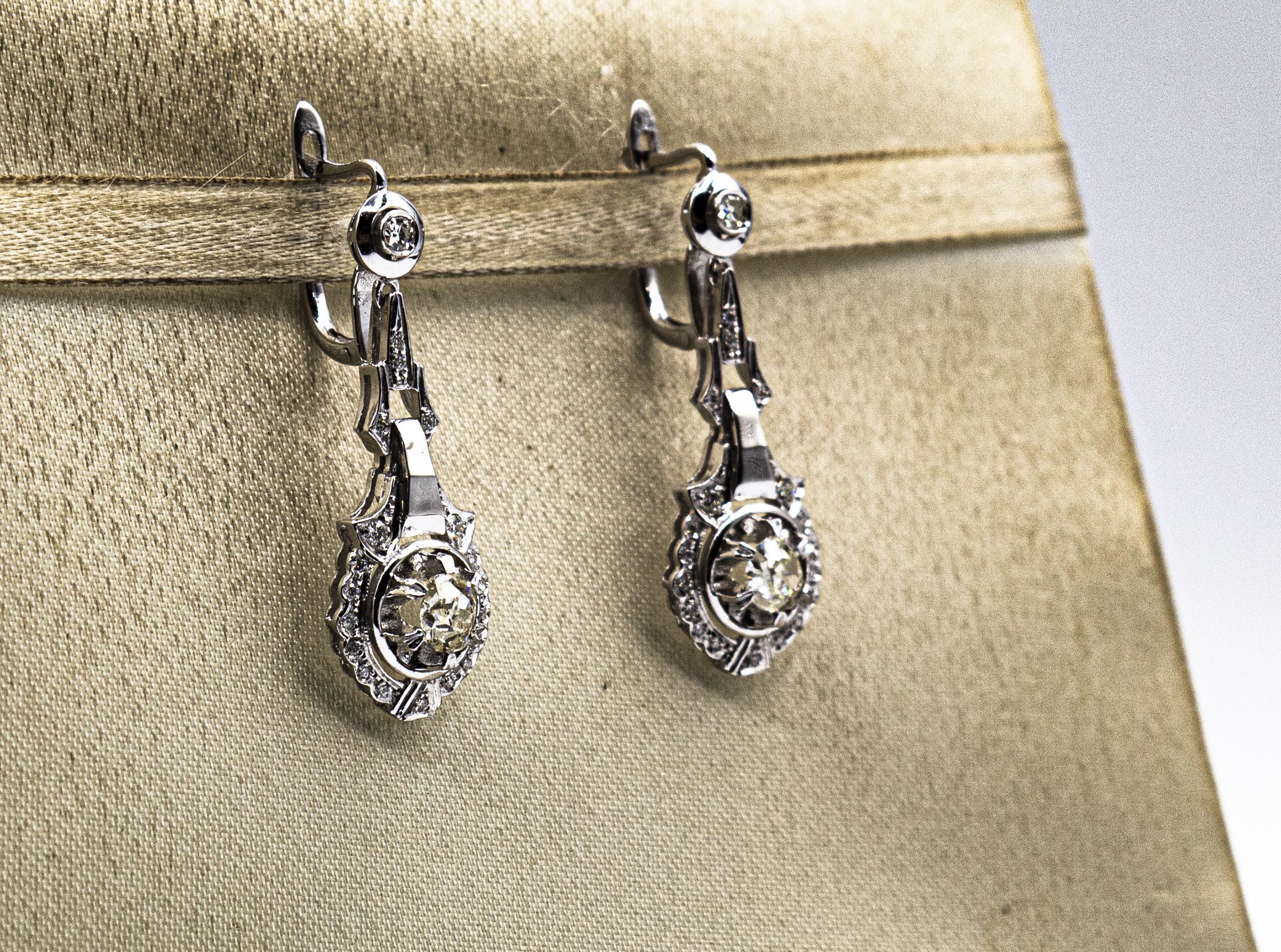 Women's or Men's Art Deco Style White Old European Cut Diamond White Gold Lever Back Earrings For Sale