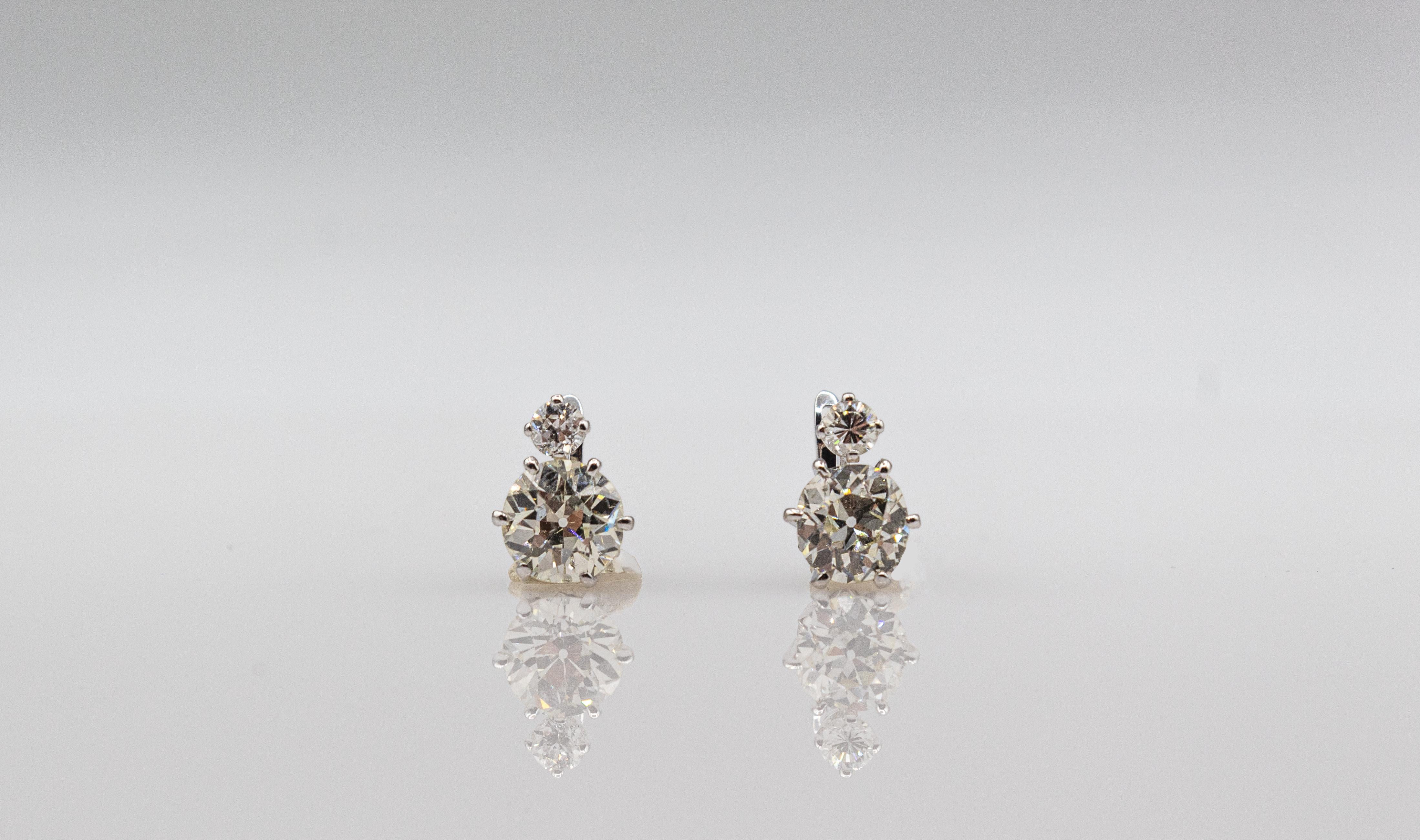 Boucles d'oreilles à levier de style Art déco en or blanc et diamants blancs de taille européenne ancienne Neuf - En vente à Naples, IT