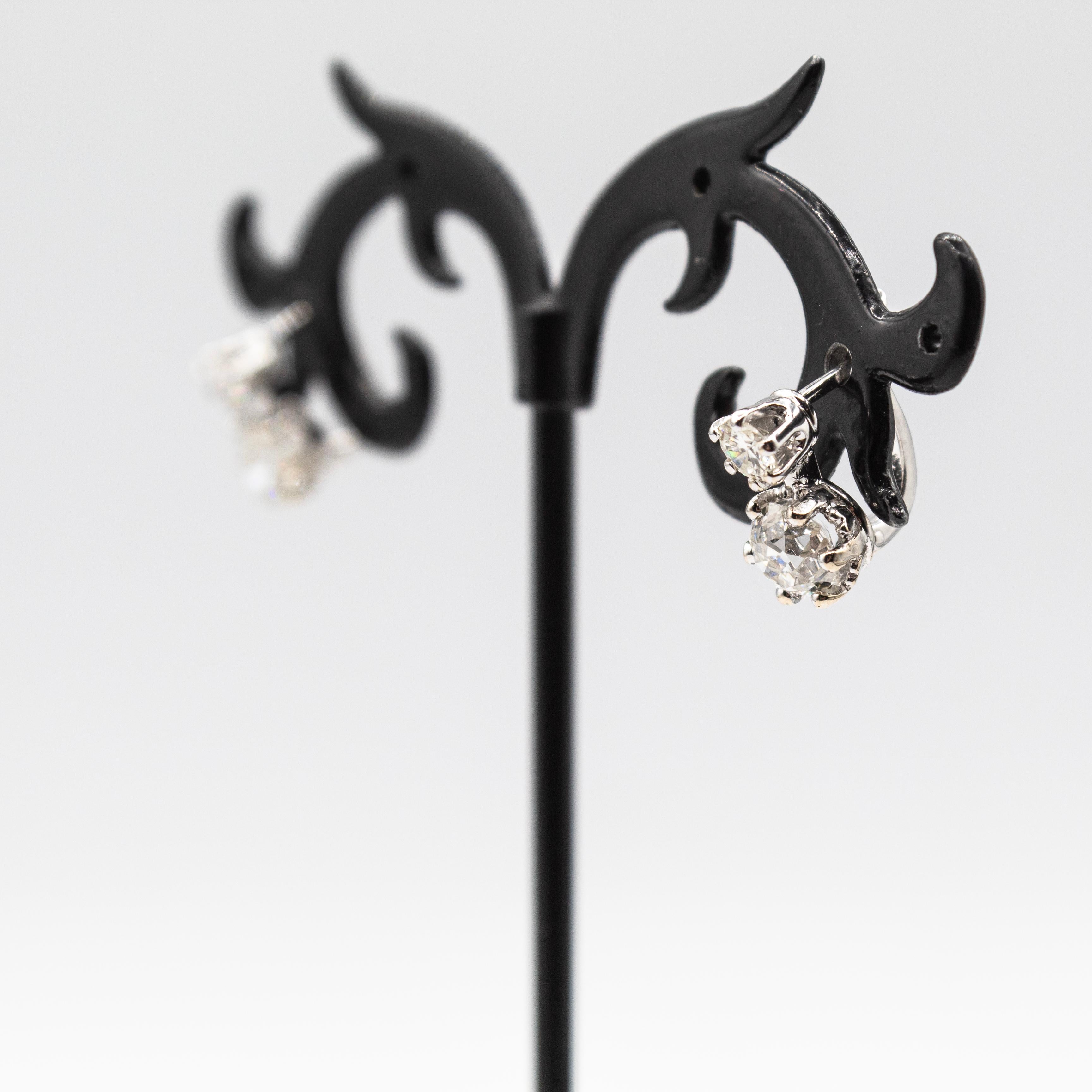 Art Deco Style White Old European Cut Diamond White Gold Lever-Back Earrings For Sale 1