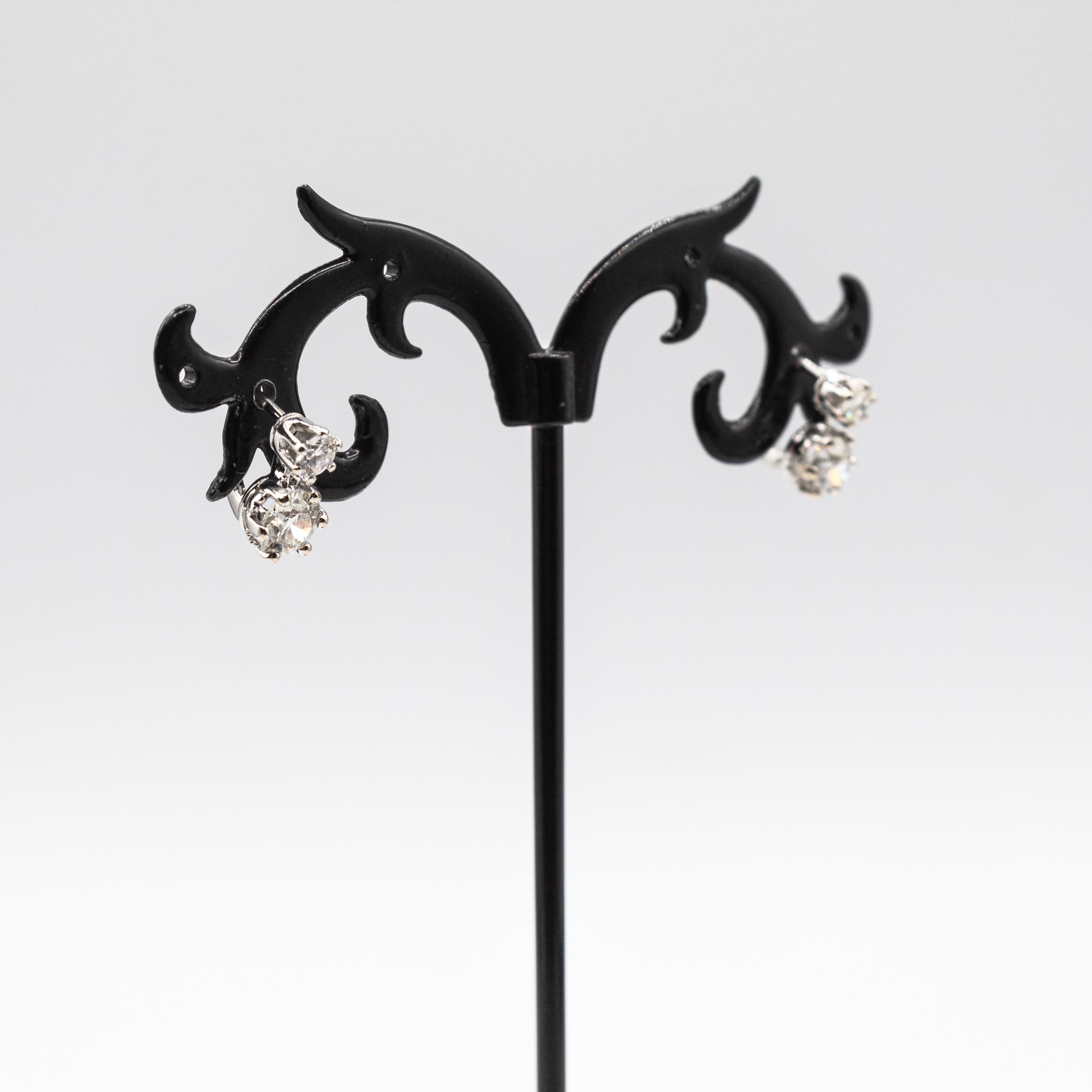 Art Deco Style White Old European Cut Diamond White Gold Lever-Back Earrings For Sale 3