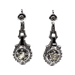 Pendientes de palanca de oro blanco estilo art déco con diamantes talla europea antigua