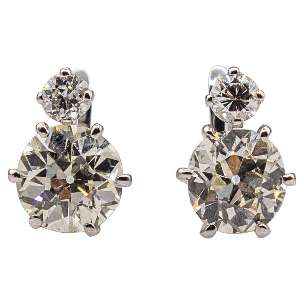 Pendientes de palanca de oro blanco estilo art déco con diamantes talla europea antigua