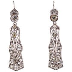 Art Deco Style White Old European Cut Diamond White Gold Lever-Back Earrings