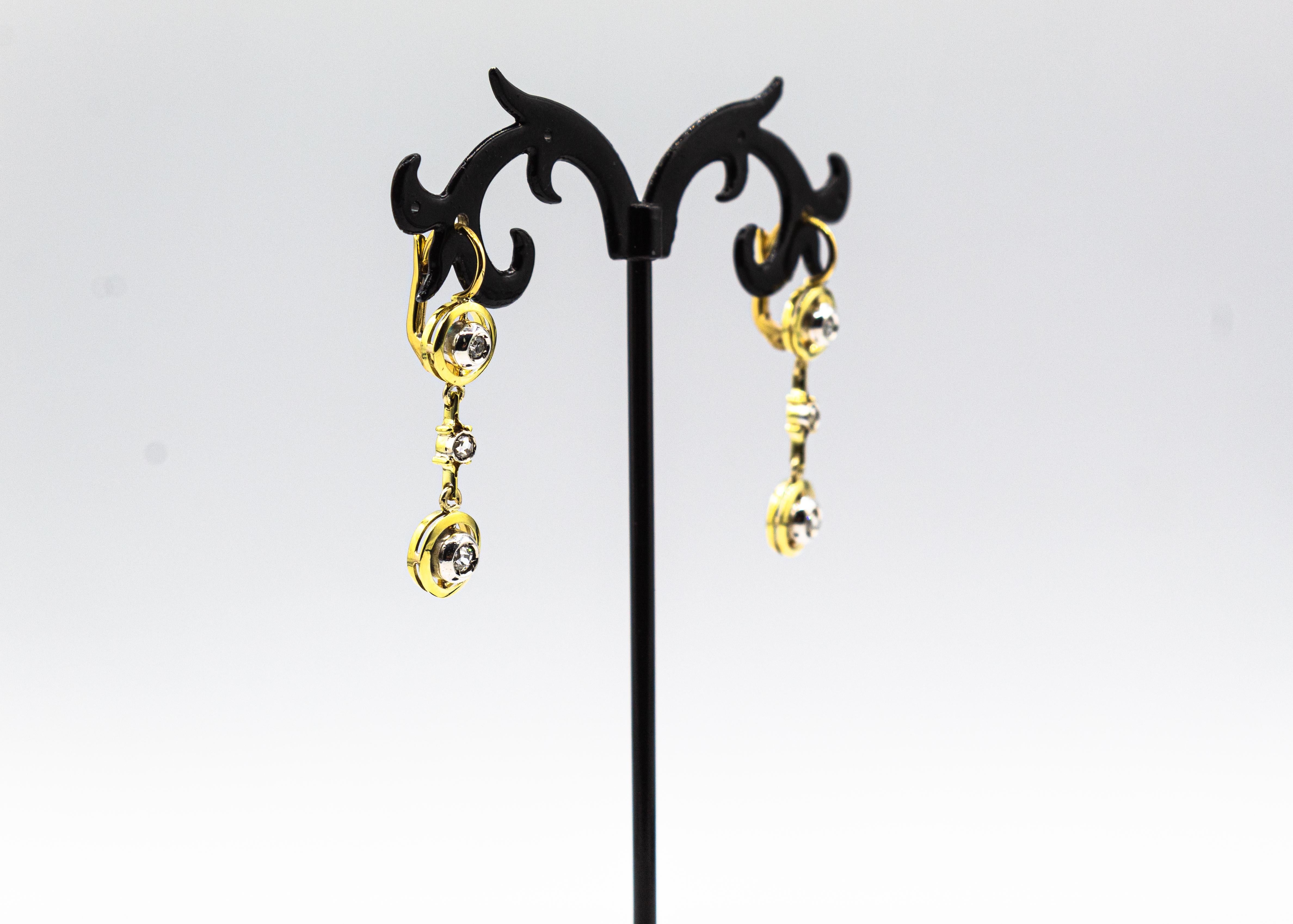 Women's or Men's Art Deco Style White Old European Cut Diamond Yellow Gold Lever-Back Earrings For Sale