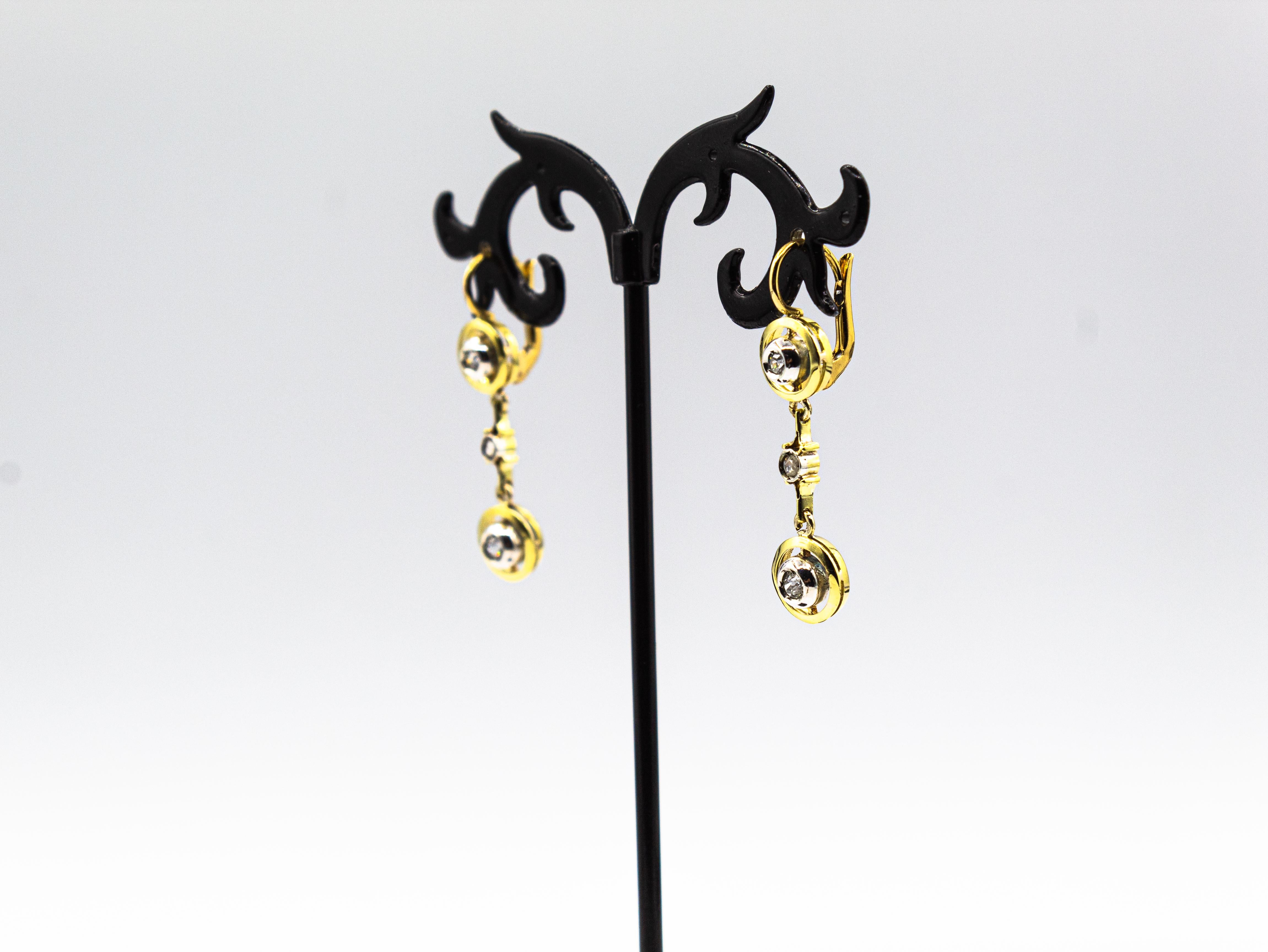 Art Deco Style White Old European Cut Diamond Yellow Gold Lever-Back Earrings For Sale 3