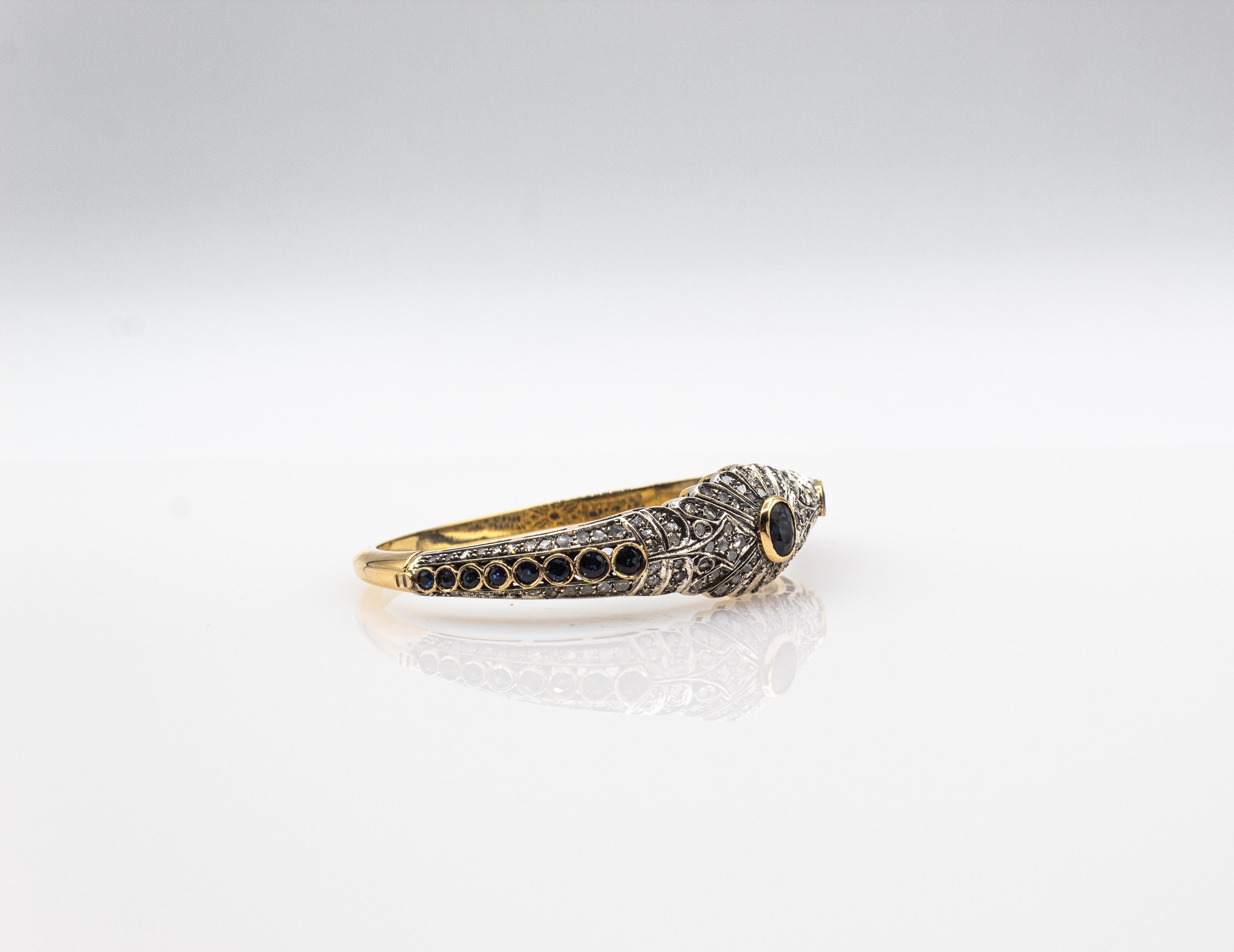 Art Déco Bracciale in oro giallo con diamanti bianchi taglio rosa e zaffiri blu in stile Art Deco in vendita