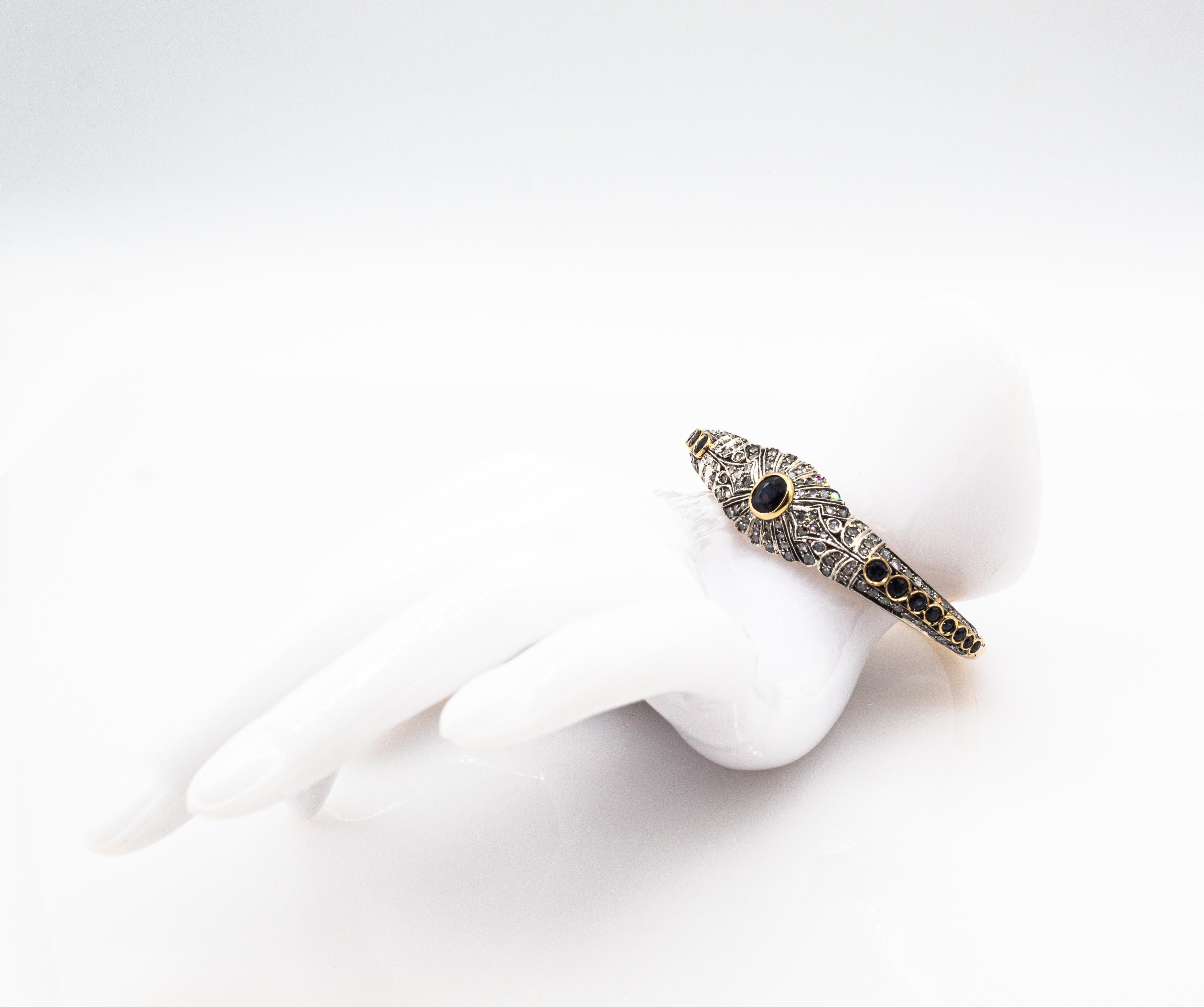 Art Deco Style White Rose Cut Diamond Blue Sapphire Yellow Gold Bangle Bracelet For Sale 2