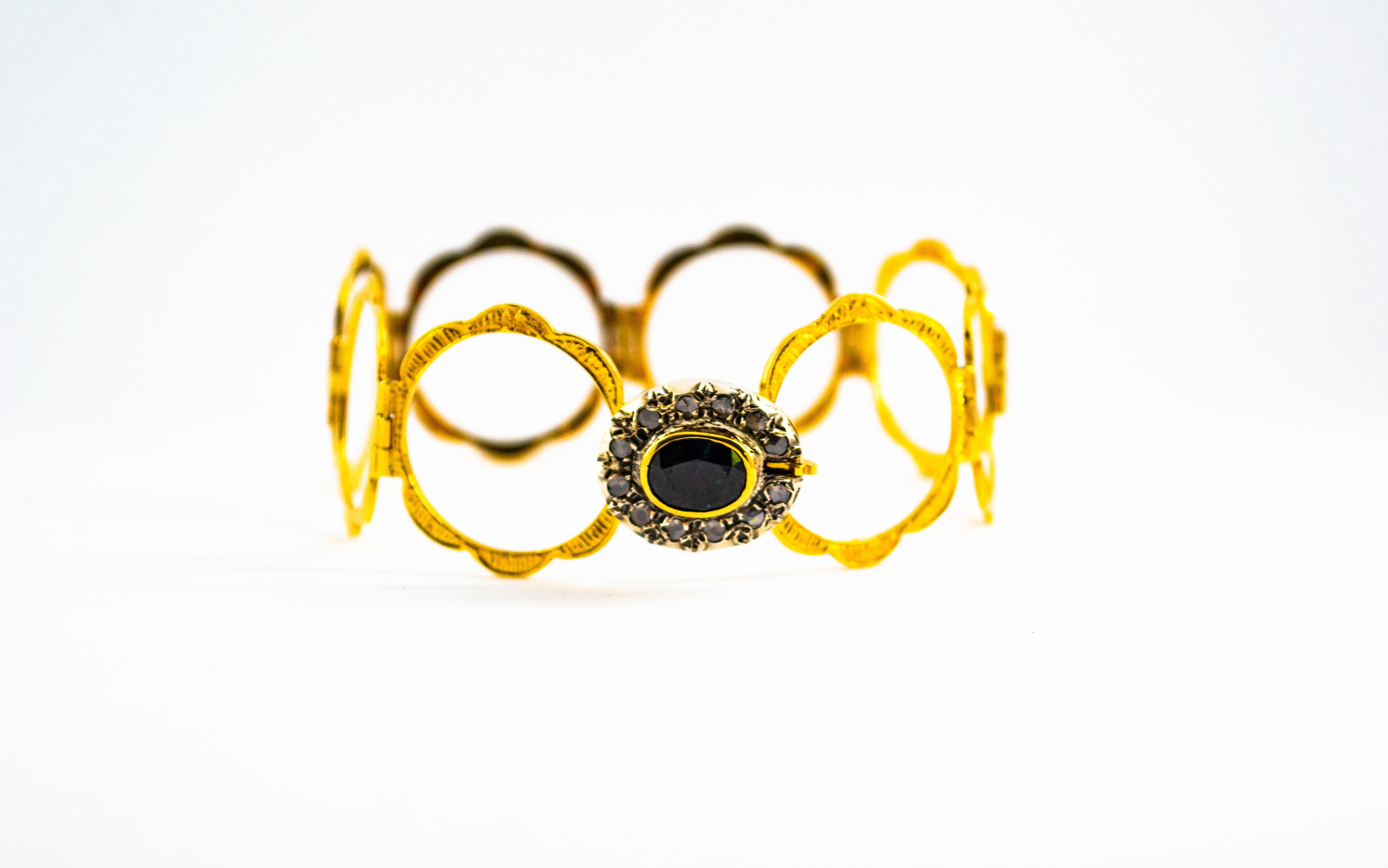 Women's or Men's Art Deco Style White Rose Cut Diamond Blue Sapphire Yellow Gold Bracelet Ring