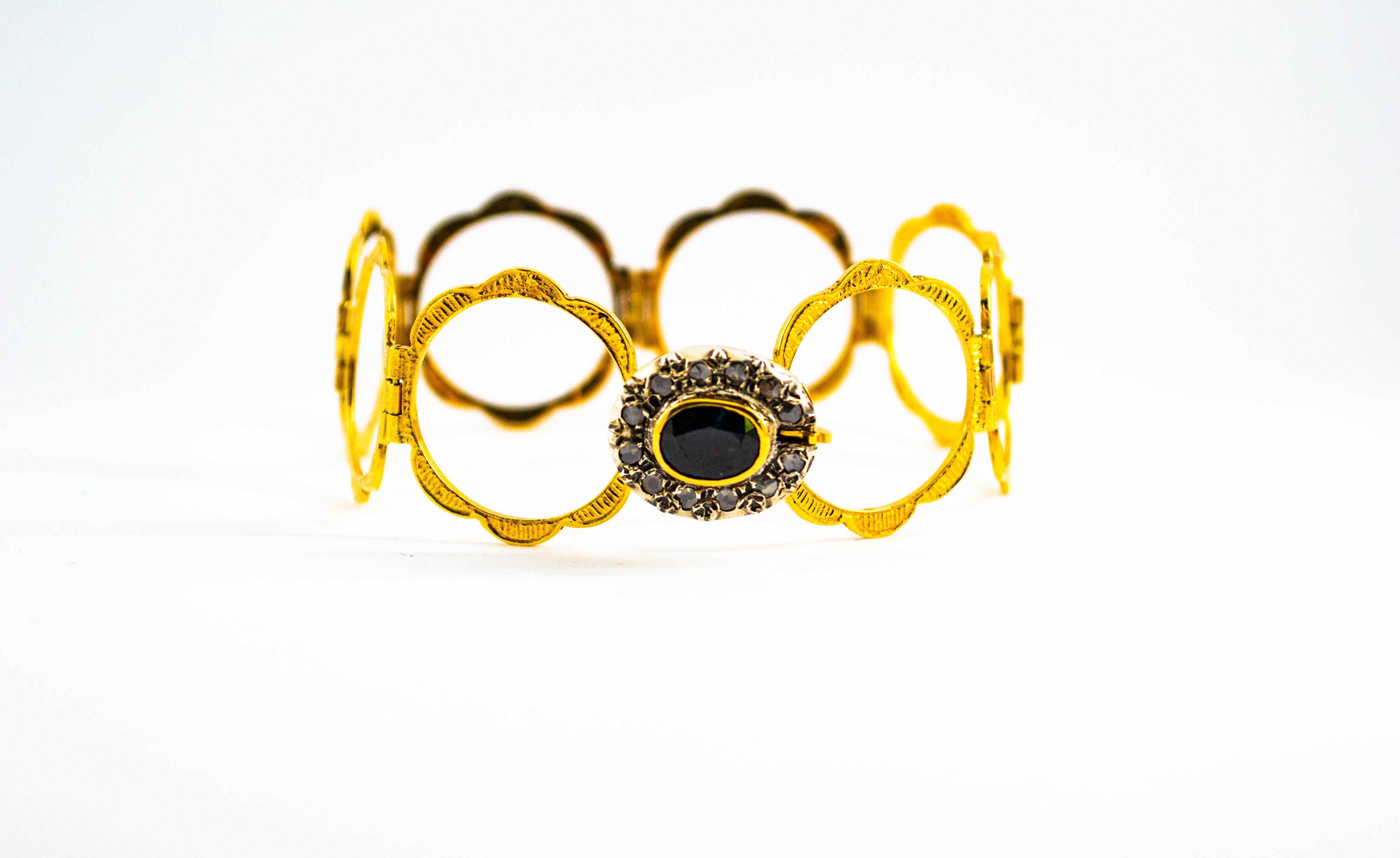 Gelbgold-Armband im Art-déco-Stil mit weißem Diamanten im Rosenschliff und blauem Saphir für Damen oder Herren im Angebot