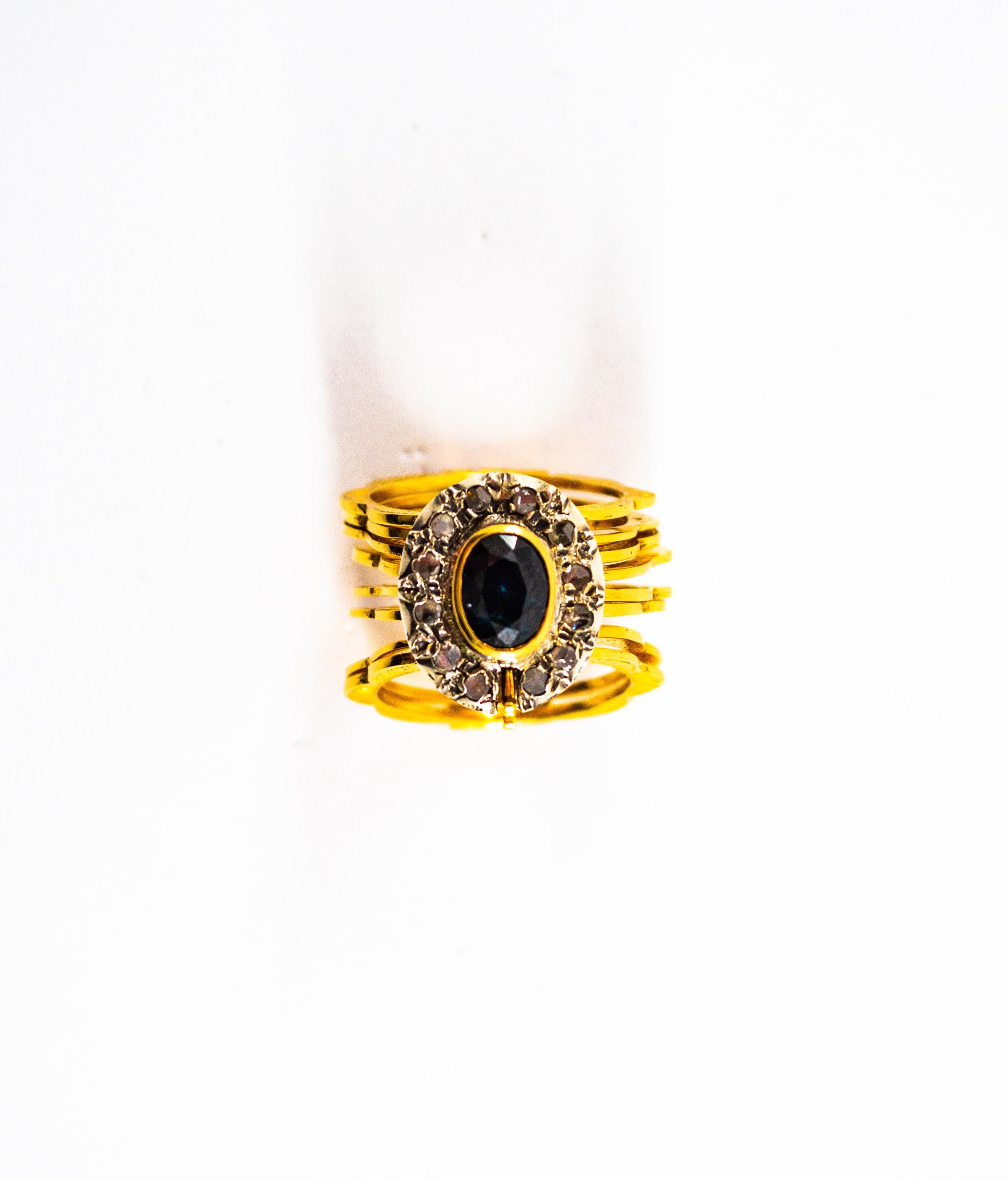 Art Deco Style White Rose Cut Diamond Blue Sapphire Yellow Gold Bracelet Ring 5