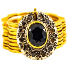 Art Deco Style White Rose Cut Diamond Blue Sapphire Yellow Gold Bracelet Ring