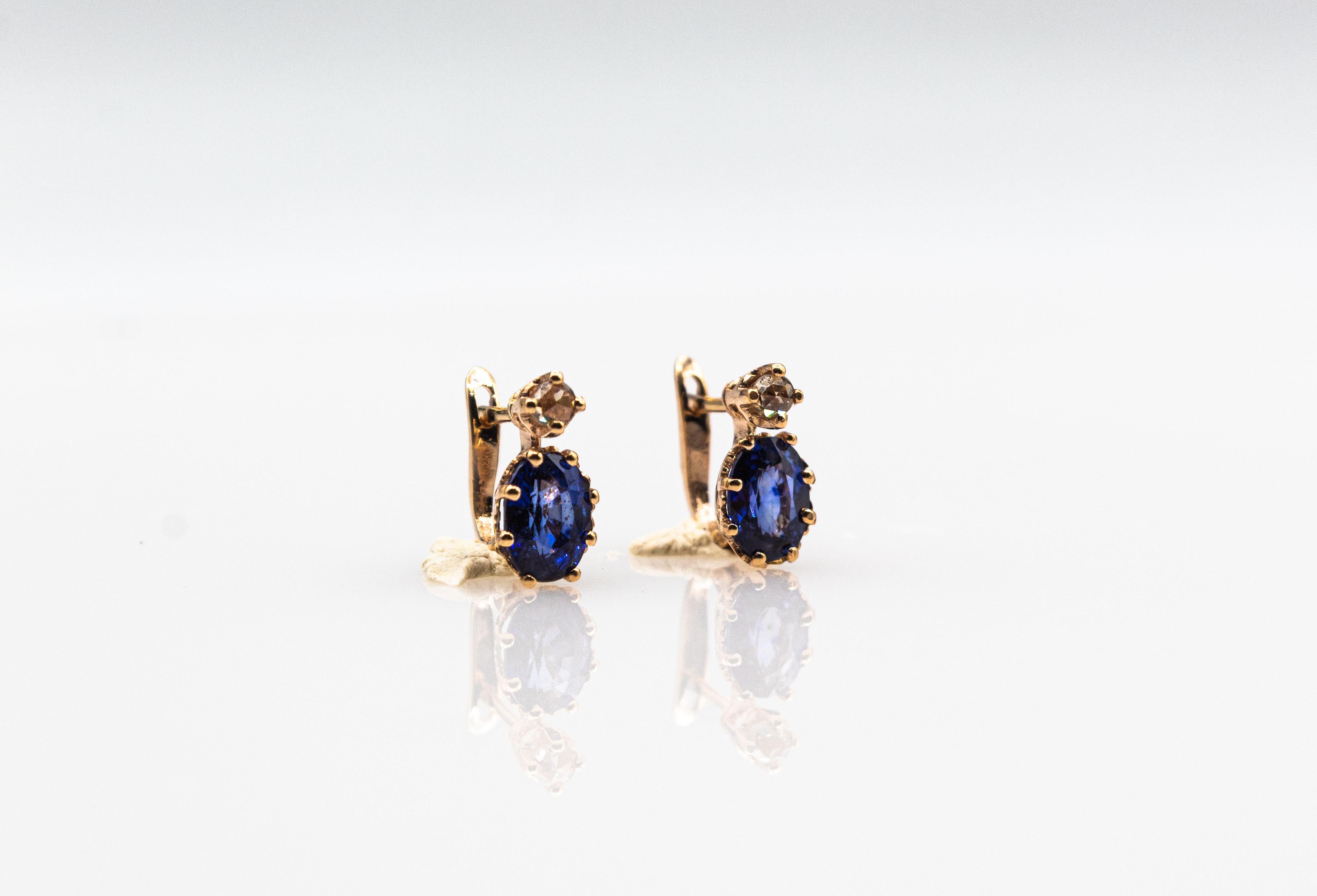 Art Deco Style White Rose Cut Diamond Blue Sapphire Yellow Gold Dangle Earrings For Sale 6