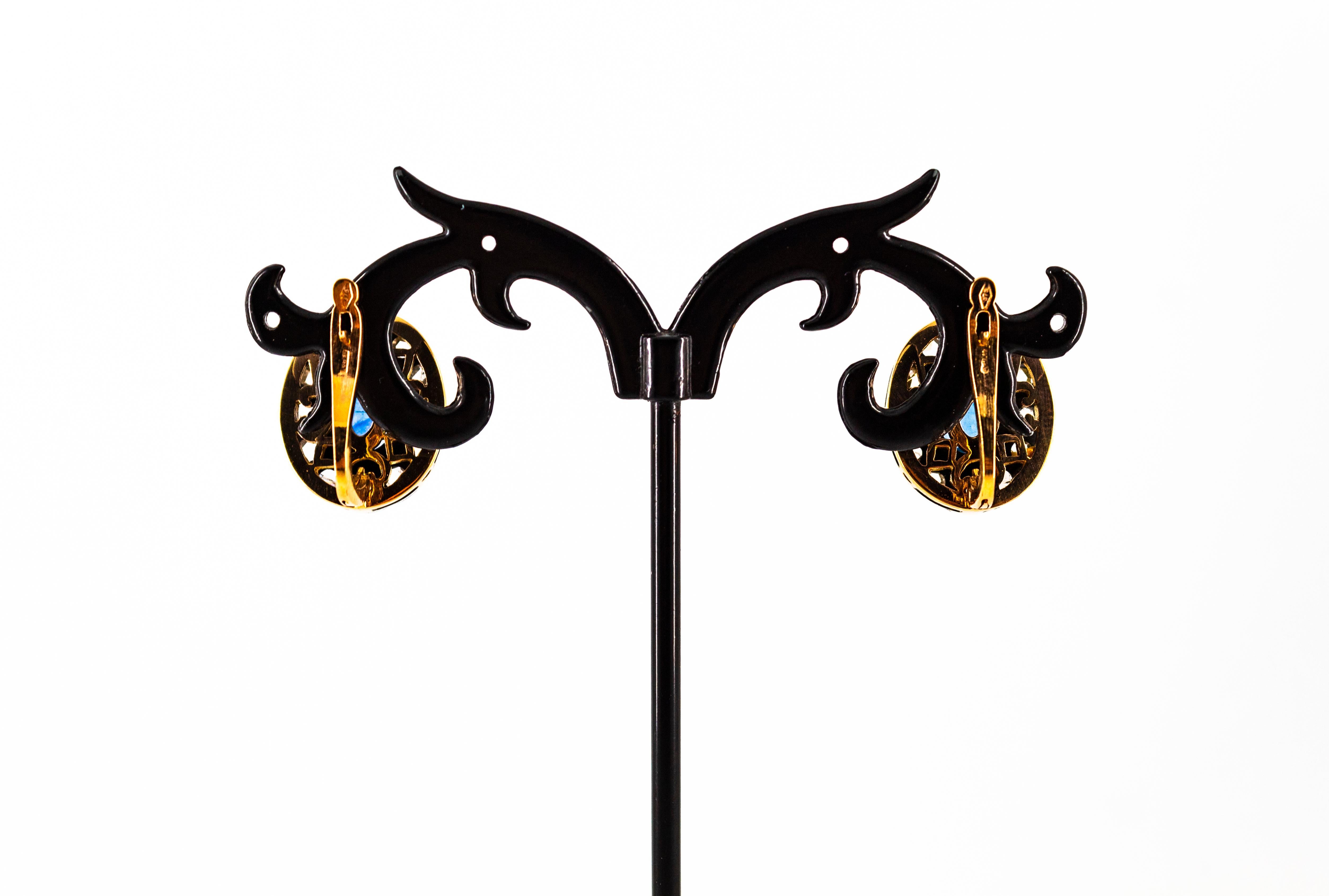 Art Deco Style White Rose Cut Diamond Blue Sapphire Yellow Gold Dangle Earrings For Sale 6