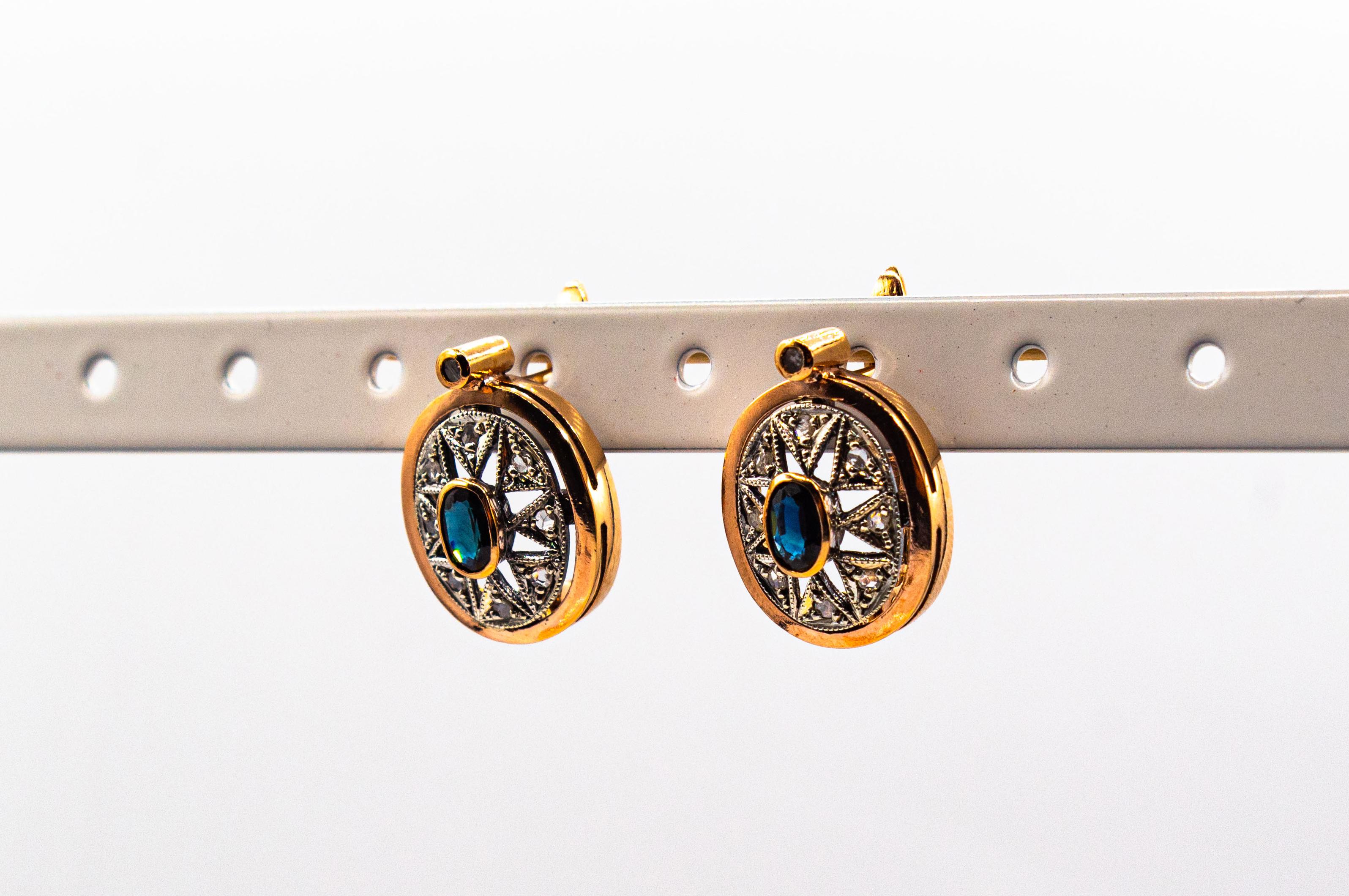 Pendants d'oreilles de style Art déco en or jaune avec diamants blancs et saphirs bleus taille rose en vente 5