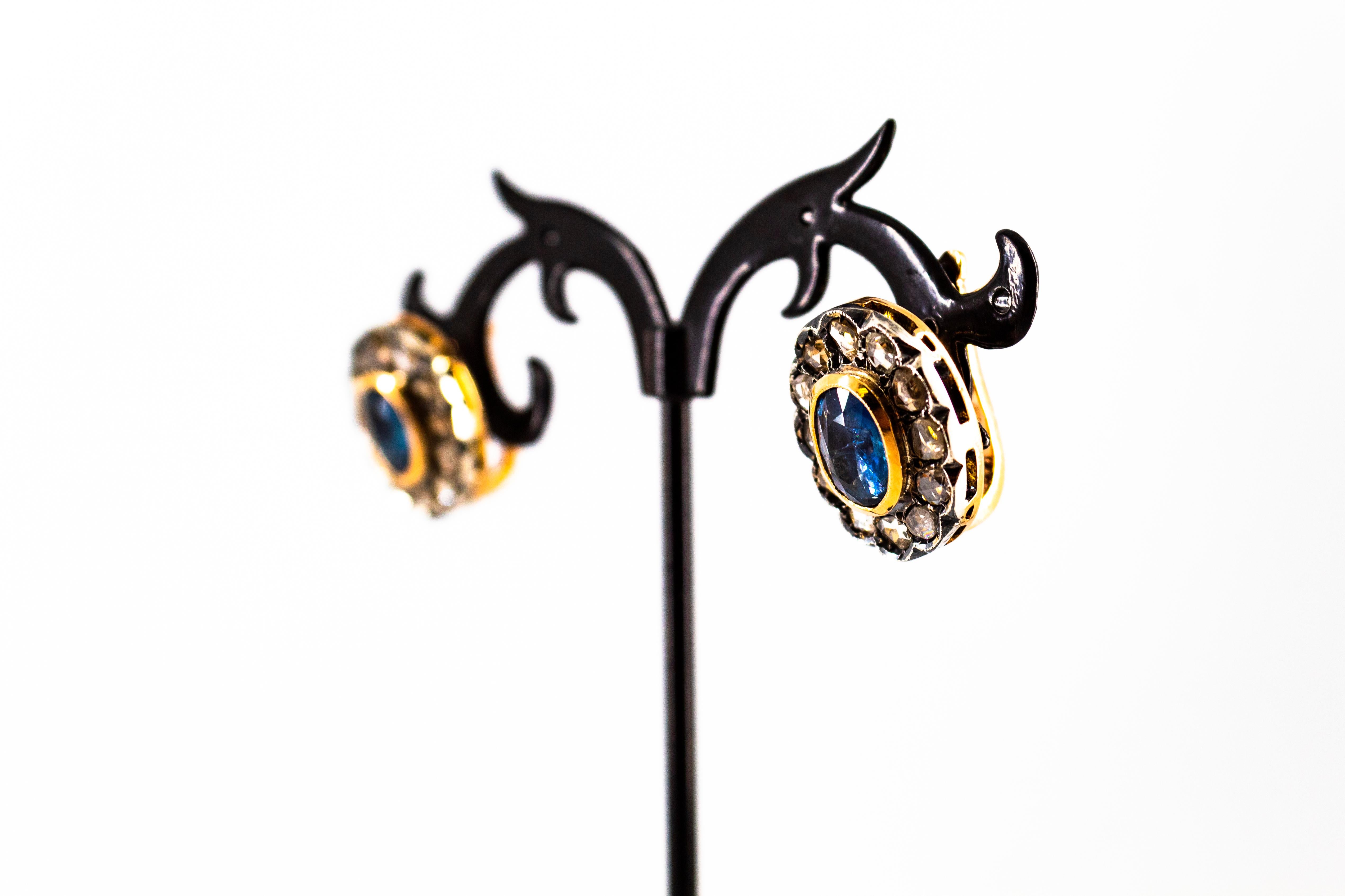 Art Deco Style White Rose Cut Diamond Blue Sapphire Yellow Gold Dangle Earrings For Sale 7