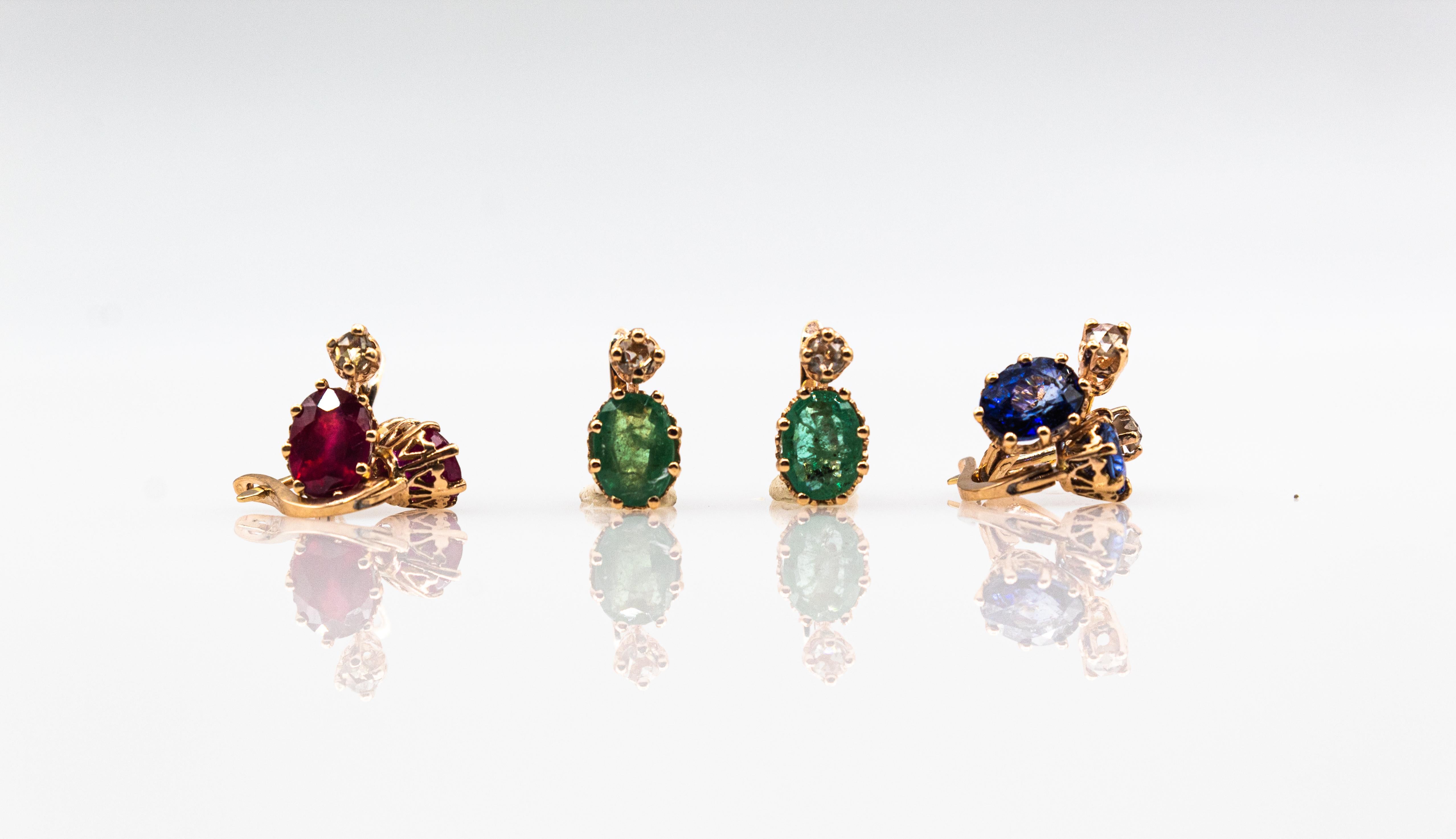 Pendants d'oreilles de style Art déco en or jaune avec diamants blancs et saphirs bleus taille rose en vente 10
