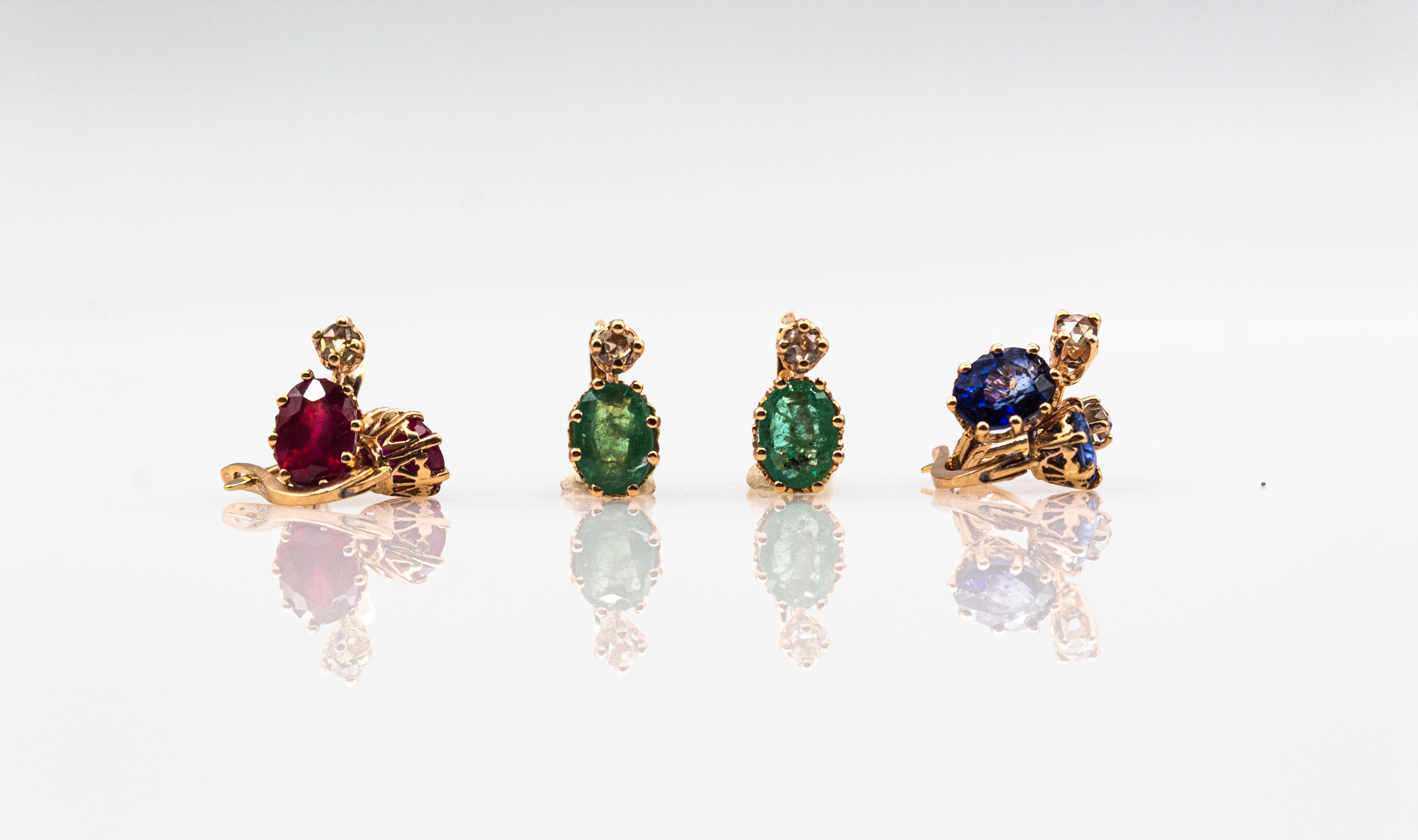 Pendants d'oreilles de style Art déco en or jaune avec diamants blancs et saphirs bleus taille rose en vente 11