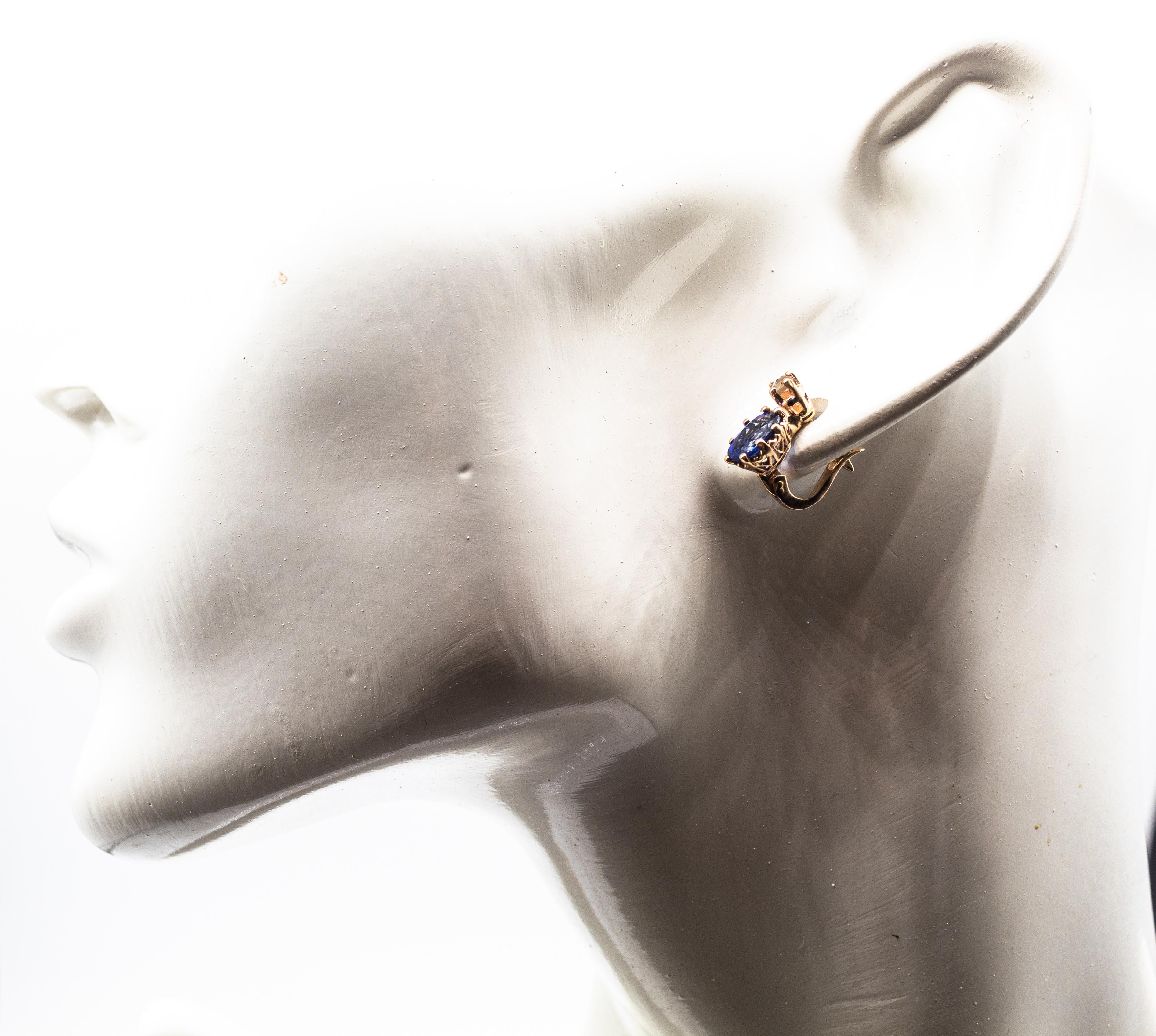 Art Deco Style White Rose Cut Diamond Blue Sapphire Yellow Gold Dangle Earrings 14