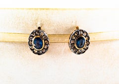 Art Deco Style White Rose Cut Diamond Blue Sapphire Yellow Gold Dangle Earrings