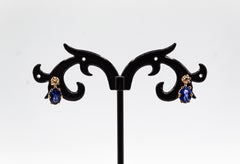 Art Deco Style White Rose Cut Diamond Blue Sapphire Yellow Gold Dangle Earrings
