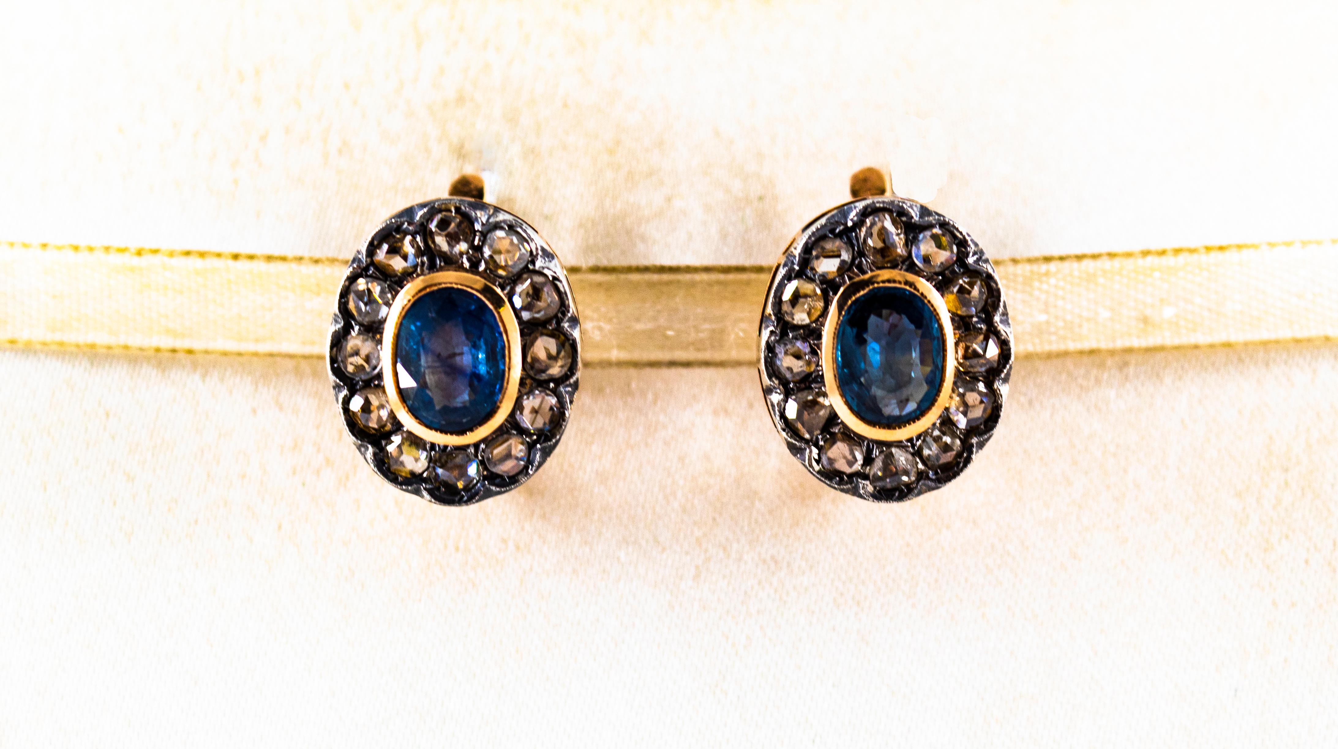 Art Deco Style White Rose Cut Diamond Blue Sapphire Yellow Gold Dangle Earrings In New Condition In Naples, IT