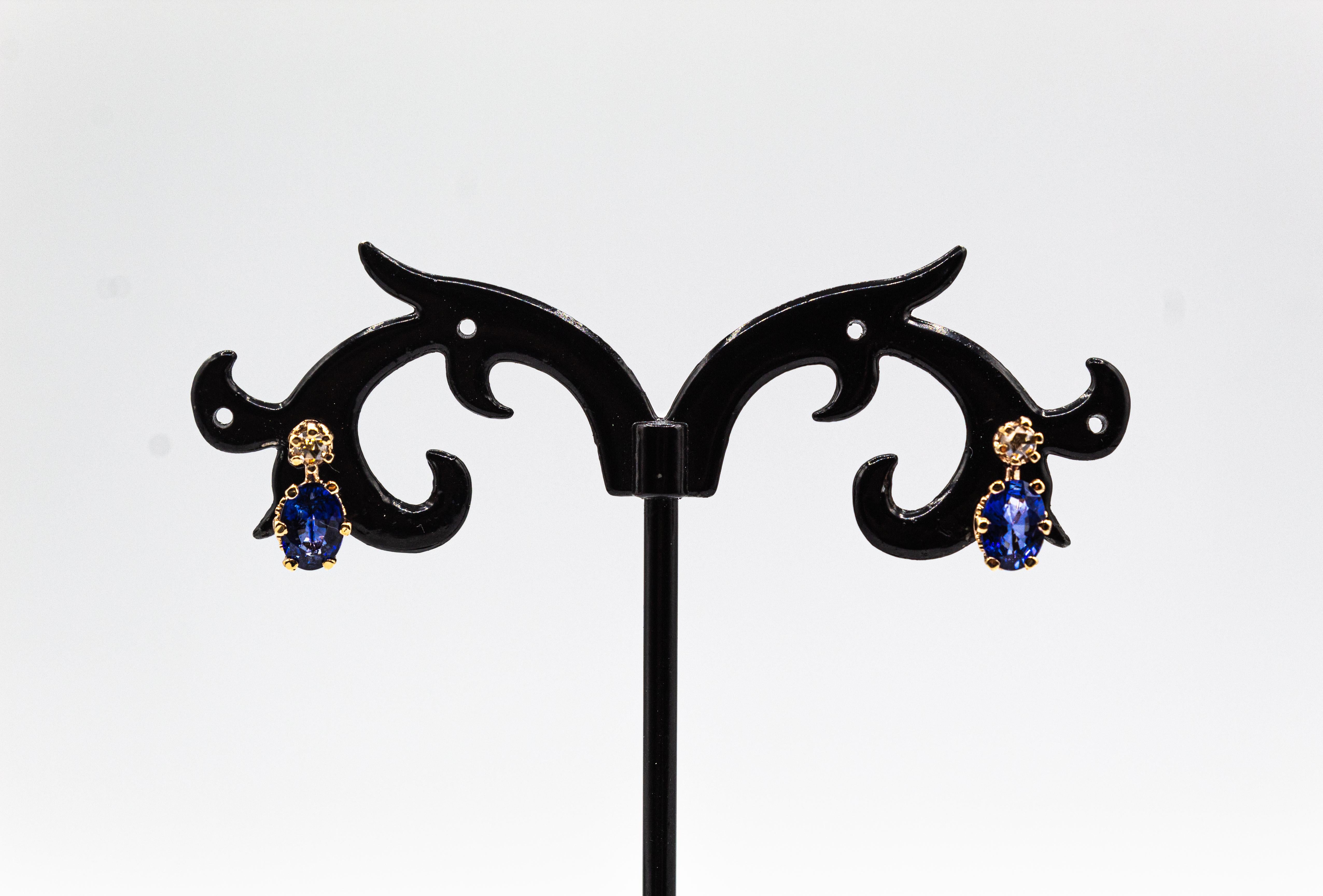 Art Deco Style White Rose Cut Diamond Blue Sapphire Yellow Gold Dangle Earrings In New Condition For Sale In Naples, IT
