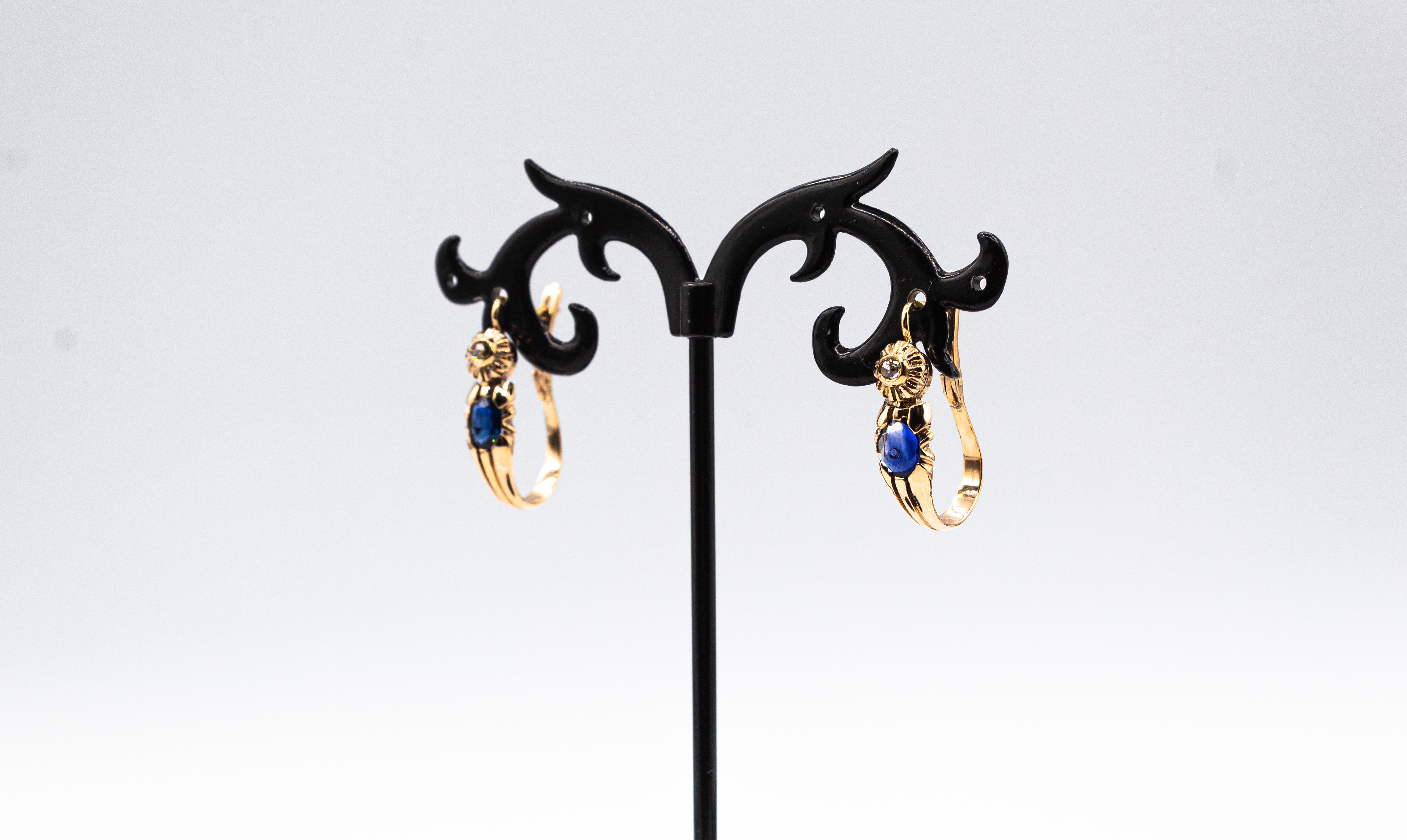 Gelbgold-Ohrhänger im Art-déco-Stil mit weißem Diamanten im Rosenschliff und blauem Saphir (Art déco) im Angebot